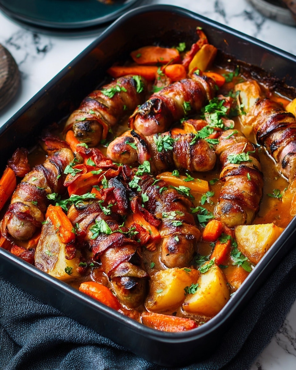 The image shows a dark baking tray filled with several sausages wrapped in crispy bacon, placed on top of a layer of cooked sliced carrots and golden-brown potatoes. The dish is covered in a glossy, rich orange-brown sauce that coats the sausages and vegetables, and it is garnished with small, scattered green herb leaves for color contrast. The tray sits on a white marbled surface with a pepper grinder and a glass of water nearby. photo taken with an iphone --ar 4:5 --v 7