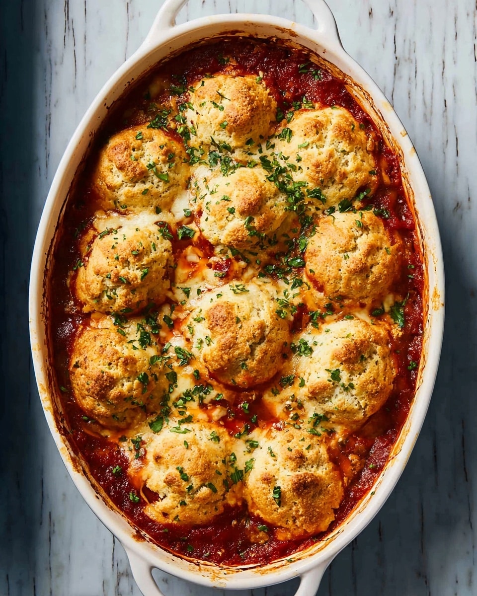 An oval white baking dish filled with a tomato-based sauce on the bottom, deep red in color and slightly thick. On top of the sauce are eight golden-brown biscuit-like dough rounds arranged in a circle around the edge, with a few more in the center. The dough pieces have a rough, slightly crumbly texture with crispy golden tops, some with toasted spots, and are sprinkled with chopped green herbs all over. The dish rests on a wooden surface that is replaced with a white marbled texture. photo taken with an iphone --ar 4:5 --v 7