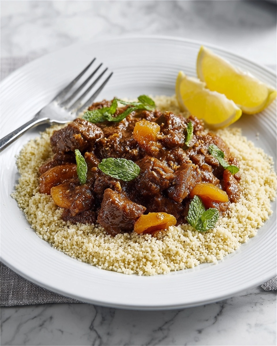 The dish is served on a large white plate with a ridged rim, placed on a white marbled surface. It has two main layers: the bottom layer is light yellow couscous, textured with tiny grains spread evenly across the plate. The top layer is a rich, brown stew with chunks of tender meat, small orange apricots, and pieces of mushrooms mixed together, giving a moist and hearty look. Small green mint leaves are scattered on top of the stew and couscous for a fresh color contrast. On the side of the plate, there are two yellow lemon wedges positioned near the edge. A fork is partially placed in the stew on the left side of the plate. Photo taken with an iphone --ar 4:5 --v 7