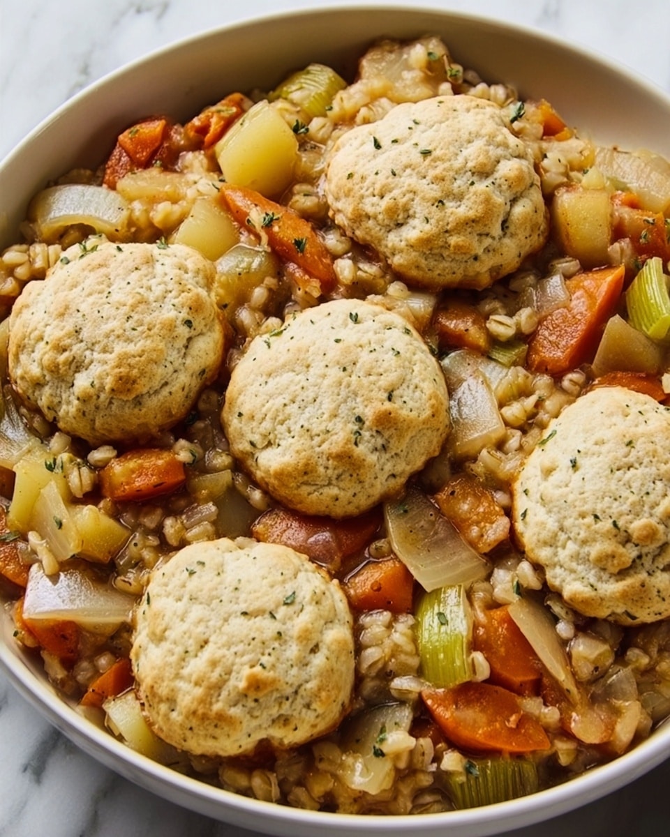 The image shows a close-up of a cooking pot filled with a hearty dish. The bottom layer consists of cooked pearled barley that is light beige with a soft, slightly glossy texture. Mixed into the barley are chunky pieces of cooked vegetables including orange carrots cut into thick chunks, pale green celery pieces, and light yellow potato cubes, all slightly shiny and tender. Scattered on top of the barley and vegetables are six round, golden-brown biscuits with a soft, slightly crumbly texture, sitting evenly spaced. The pot is placed on a white marbled surface, and the photo was taken with an iphone --ar 4:5 --v 7