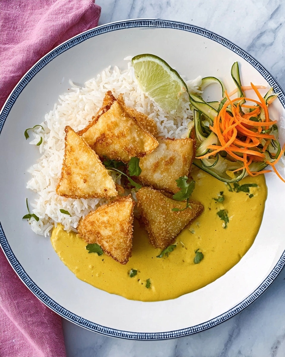 A white scalloped plate holds a dish with three main layers: the bottom layer is plain white rice slightly spread across half the plate, next to it is a smooth, yellow curry sauce covering the other half of the plate. On top of the curry and rice, there are three triangular pieces of golden-brown fried tofu arranged in a small cluster. To the side, a small pile of finely chopped green herbs sits next to the rice. Above the tofu, a wedge of lime rests next to tightly rolled, curly ribbons of fresh carrot and cucumber, adding orange and green colors to the plate. The setting is placed on a white marbled surface with a pink cloth nearby, and a fork is partially visible on the right edge. photo taken with an iphone --ar 4:5 --v 7