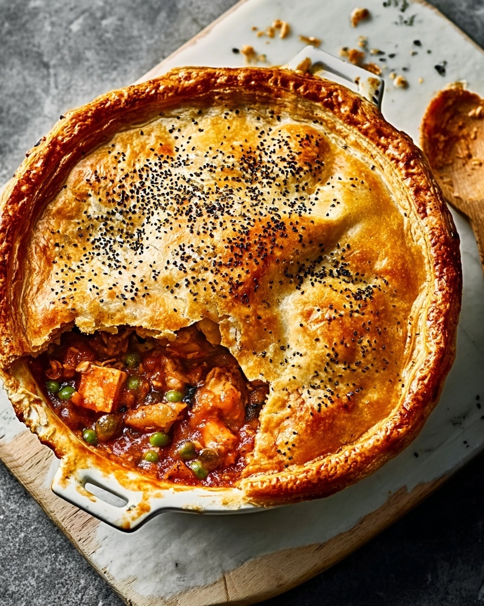 The image shows a round white ceramic pot with handles on both sides, filled with a savory baked dish. The top layer is golden brown pastry crust sprinkled with small black seeds, shiny with a baked texture. One portion of the crust is cut away, revealing the dish inside which has a chunky, orange-red stew with visible pieces of tofu, beans, and green herbs in a thick sauce. The pot sits on a white marbled surface with a wooden board beneath it, and a spoon with some crust crumbs on the board nearby. A woman's hand is about to scoop some of the stew. photo taken with an iphone --ar 4:5 --v 7