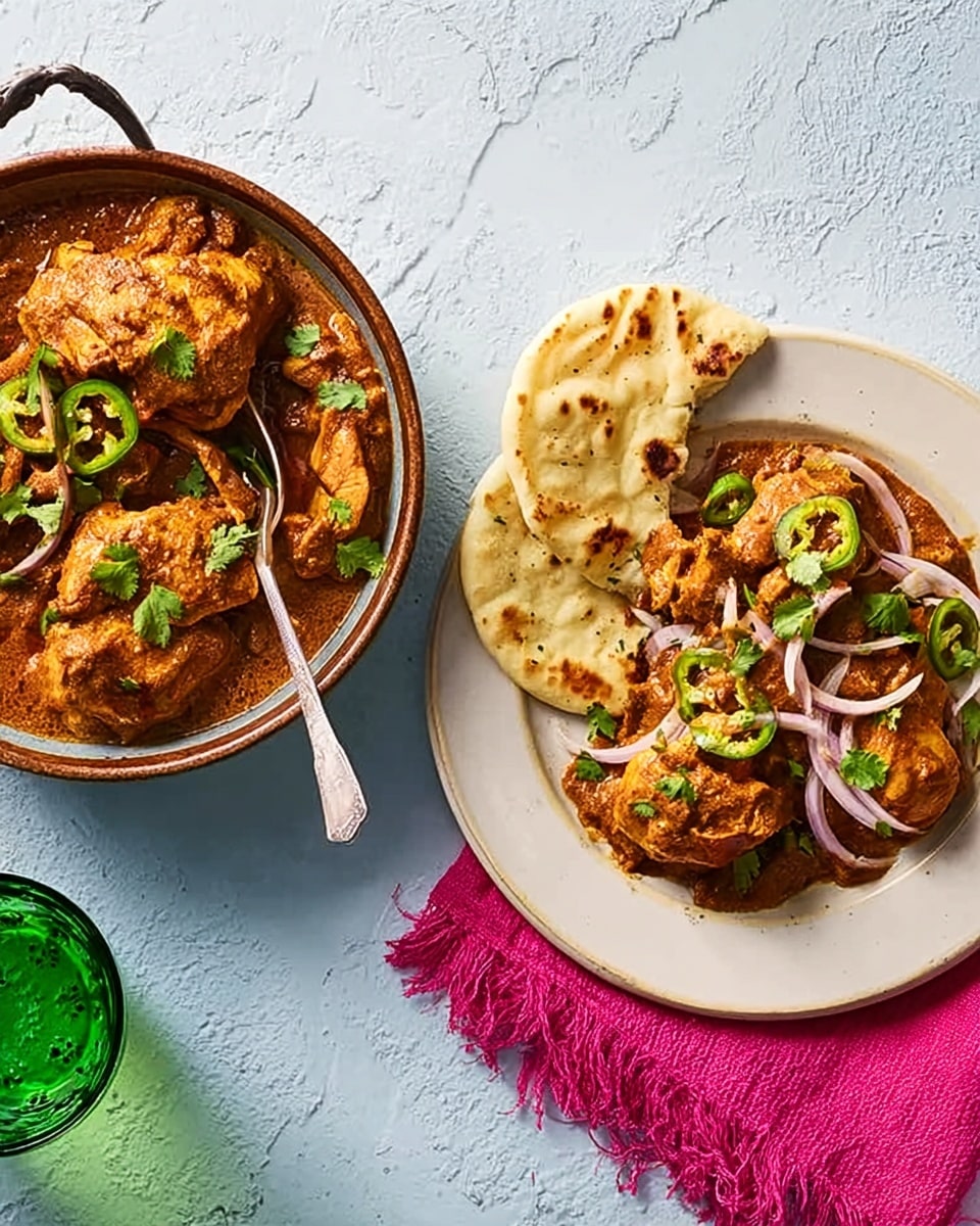 The image shows a white round plate with a serving of chicken curry that has a thick orange sauce, garnished with fresh green coriander leaves, slices of green chili, and thin rings of white onion on top. Next to the curry on the plate is a piece of torn naan bread with a slightly charred texture, sprinkled with herbs. Below the plate, there is a round bowl filled with more chicken curry, similarly garnished, with a silver spoon resting inside. The background is a white marbled surface with a red cloth napkin underneath the plate and a green glass on the right side. Photo taken with an iphone --ar 4:5 --v 7