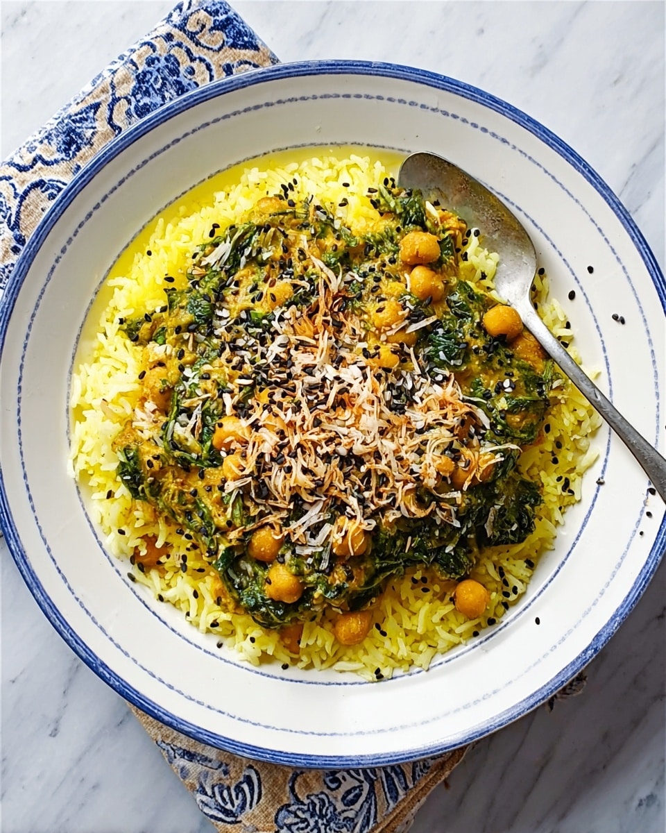 A white plate holds a bed of bright yellow rice forming the bottom layer, topped with a thick layer of green spinach and chickpea curry, with the chickpeas scattered evenly throughout. The curry is garnished with a sprinkle of toasted coconut and black and white sesame seeds, adding texture and contrast. A fork rests on the right side of the plate on top of the rice, and the plate is placed on a white marbled surface next to a piece of patterned cloth. photo taken with an iphone --ar 4:5 --v 7