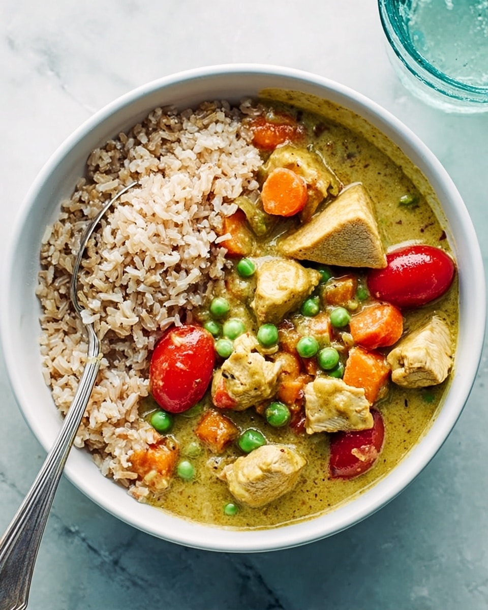 A white bowl filled halfway with light brown rice on one side, and a thick yellow curry on the other, containing pieces of chicken, whole bright red cherry tomatoes, and small green peas scattered throughout; the curry has a smooth texture with visible chunks and a metal spoon is resting inside the bowl. The bowl is placed on a white marbled surface with a bowl of water nearby. photo taken with an iphone --ar 4:5 --v 7