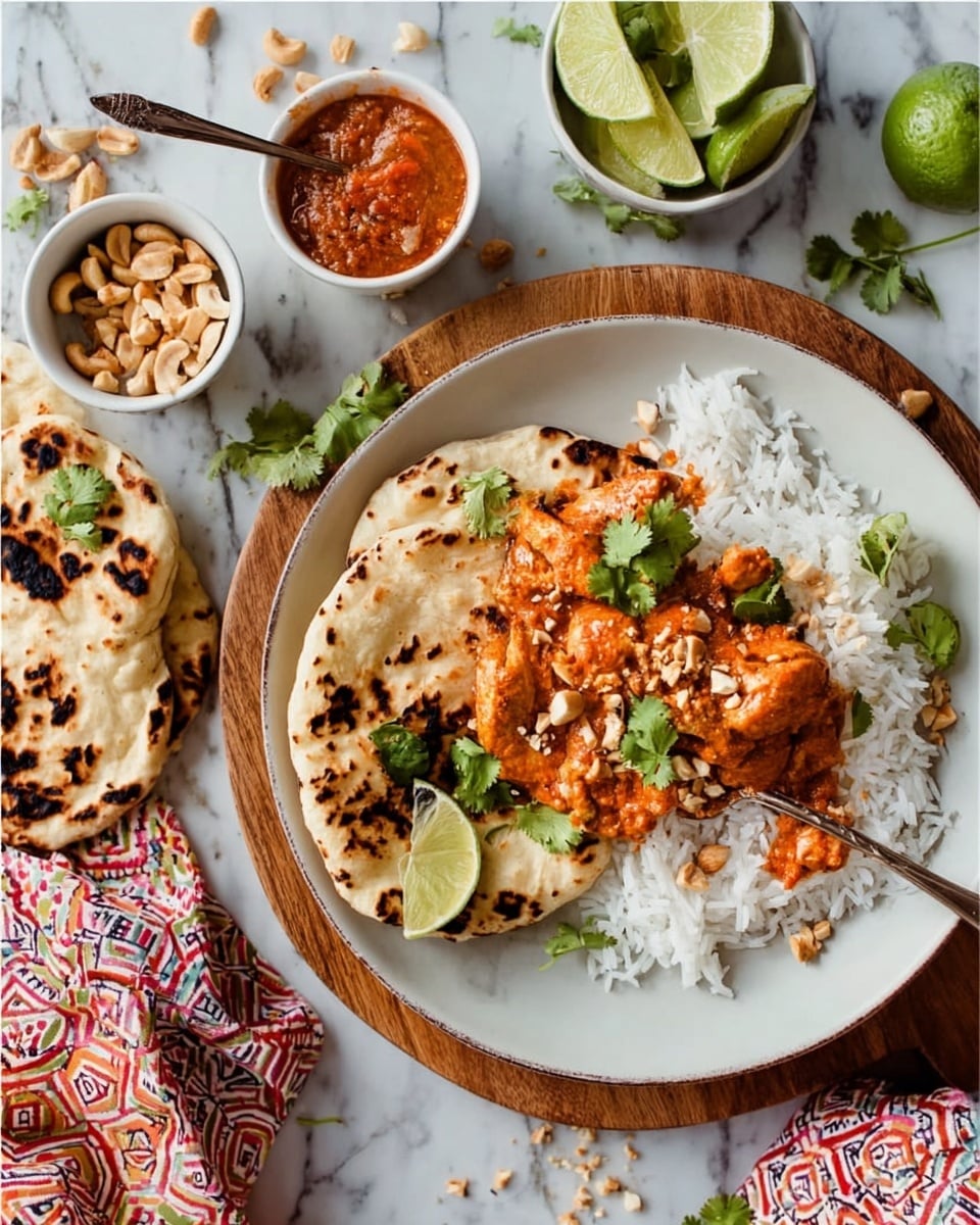 A white plate holds a layered dish starting with a bed of white rice at the bottom, topped with chunks of orange-colored chicken coated in sauce with a sprinkle of herbs and almond slices. A piece of charred, folded flatbread rests partially over the rice and chicken on the left side. On the top right of the plate, there is a small lime wedge for garnish. The plate is on a white marbled surface with a colorful folded napkin below it. Next to the plate, there’s a small bowl of reddish sauce with a spoon inside, a smaller bowl with almond slices, and lime wedges scattered around. photo taken with an iphone --ar 4:5 --v 7
