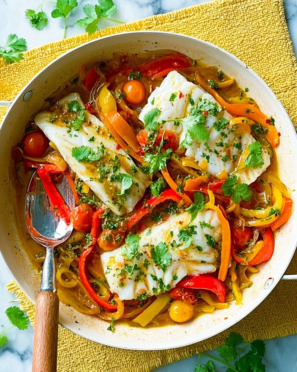 A white pan holds a colorful dish with three layers: the bottom layer is a mix of sliced red and yellow peppers with cooked cherry tomatoes scattered around, all soaking in a light sauce with herbs; on top are three white pieces of cooked fish fillets placed slightly overlapping, sprinkled with green cilantro leaves, adding freshness and color. A silver spoon with a wooden handle rests on the left side of the pan. The pan sits on a yellow woven cloth on a white marbled surface, with some loose cilantro leaves around. photo taken with an iphone --ar 4:5 --v 7
