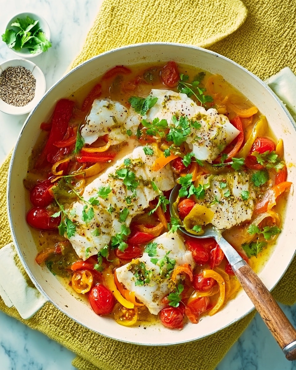 The image shows a white round pan filled with a colorful fish dish. The bottom layer has soft-looking orange and red bell pepper slices with a light sauce that has herbs and spices. On top of the peppers are large white fillets of fish, cooked and placed carefully, with greens like fresh cilantro scattered over and around the fish. Some bright red cherry tomato halves are visible between the fish and peppers, adding more color. A silver spoon with a wooden handle rests inside the pan, partly touching the food. The pan is set on a light yellow cloth with a white marbled surface underneath. Photo taken with an iphone --ar 4:5 --v 7
