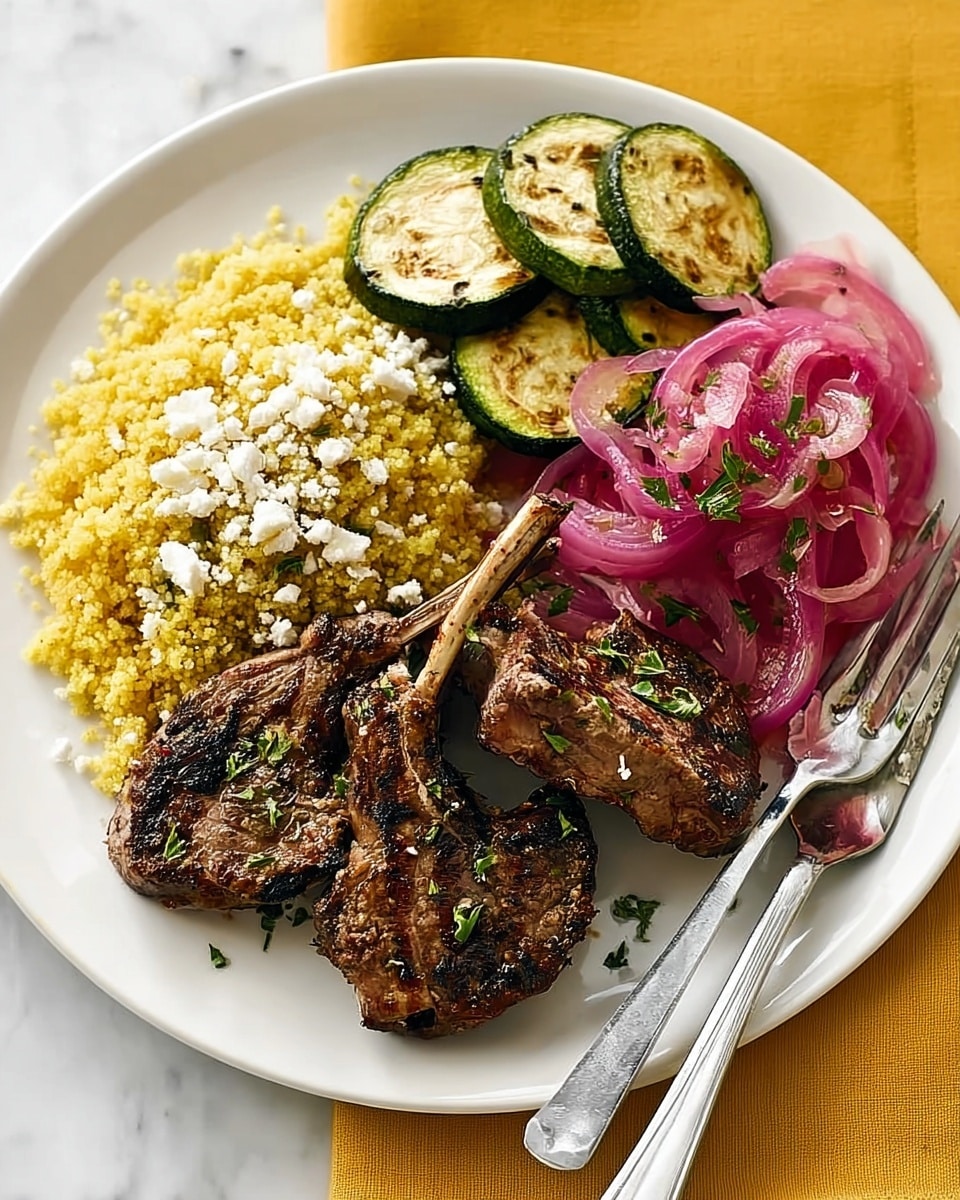 A white plate holds a colorful dish arranged in four parts: at the front, three browned lamb chops with a slightly crispy texture and small sprinkles of herbs; to the left, a mound of fluffy, light yellow couscous mixed with bits of white cheese and green herbs; above the lamb, golden-brown grilled zucchini slices with soft sear marks in a small pile; and to the right, a small heap of thinly sliced red onions with a slight shine, garnished with herbs. The plate sits on a white marbled surface with a fork and knife placed to the right side and a pale yellow cloth napkin folded beside it. Photo taken with an iphone --ar 4:5 --v 7