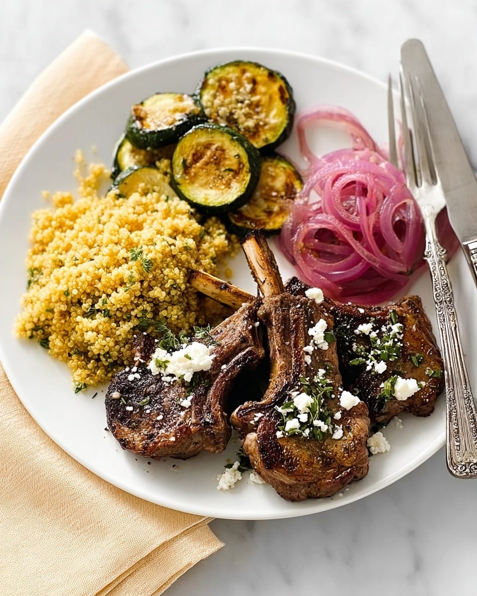 A white round plate holds a meal with four main sections arranged clockwise: at the top, several slices of grilled zucchini that are green with golden-brown char marks; to the right, a small pile of thinly sliced red onions, light purple and slightly shiny; at the bottom right, three pieces of grilled meat with a dark brown, seared outer layer and a slightly rough texture; and to the left, a crumbly yellow side dish sprinkled with small white feta cheese chunks and chopped green herbs. The plate sits on a white marbled surface with a folded yellow cloth napkin nearby, and a silver fork and knife are placed on the right side of the plate. photo taken with an iphone --ar 4:5 --v 7