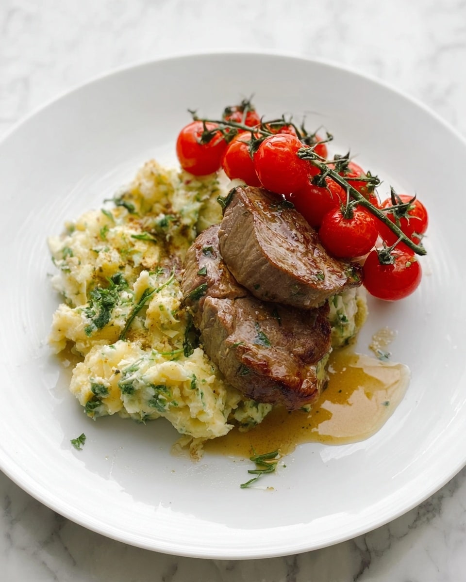 A white plate holds a dish with three main layers. At the bottom left, there is a mound of creamy mashed potatoes mixed with green herbs and small bits of vegetables, giving it a soft, textured look. On top and to the right, two pieces of browned pork chops rest, showing crispy edges and a juicy inside. Bright red roasted cherry tomatoes with green stems sit on the left side of the pork chops and one more tomato is placed on the plate near them. The plate has some light brown sauce pools around the meat. The background is a white marbled surface. Photo taken with an iphone --ar 4:5 --v 7