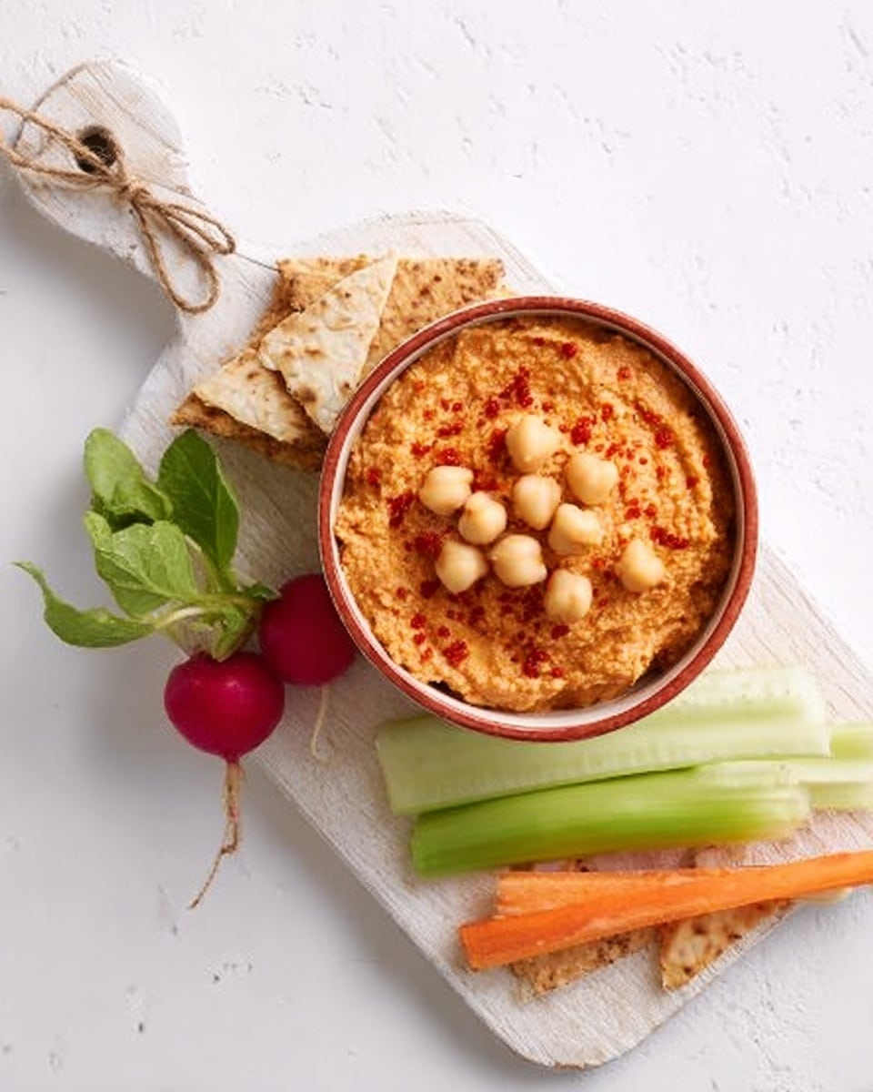 The image shows a white bowl filled with a creamy, orange hummus topped with whole chickpeas that are light beige in color, sitting on the left side of a white plate with a handle. To the right of the bowl, three fresh radishes with red tops and white bottoms lay next to small sticks of fresh carrot and celery, both bright orange and light green. Above the vegetables are two pieces of toasted flatbread with a light brown texture and small darker spots. The entire setup sits on a white marbled surface. photo taken with an iphone --ar 4:5 --v 7
