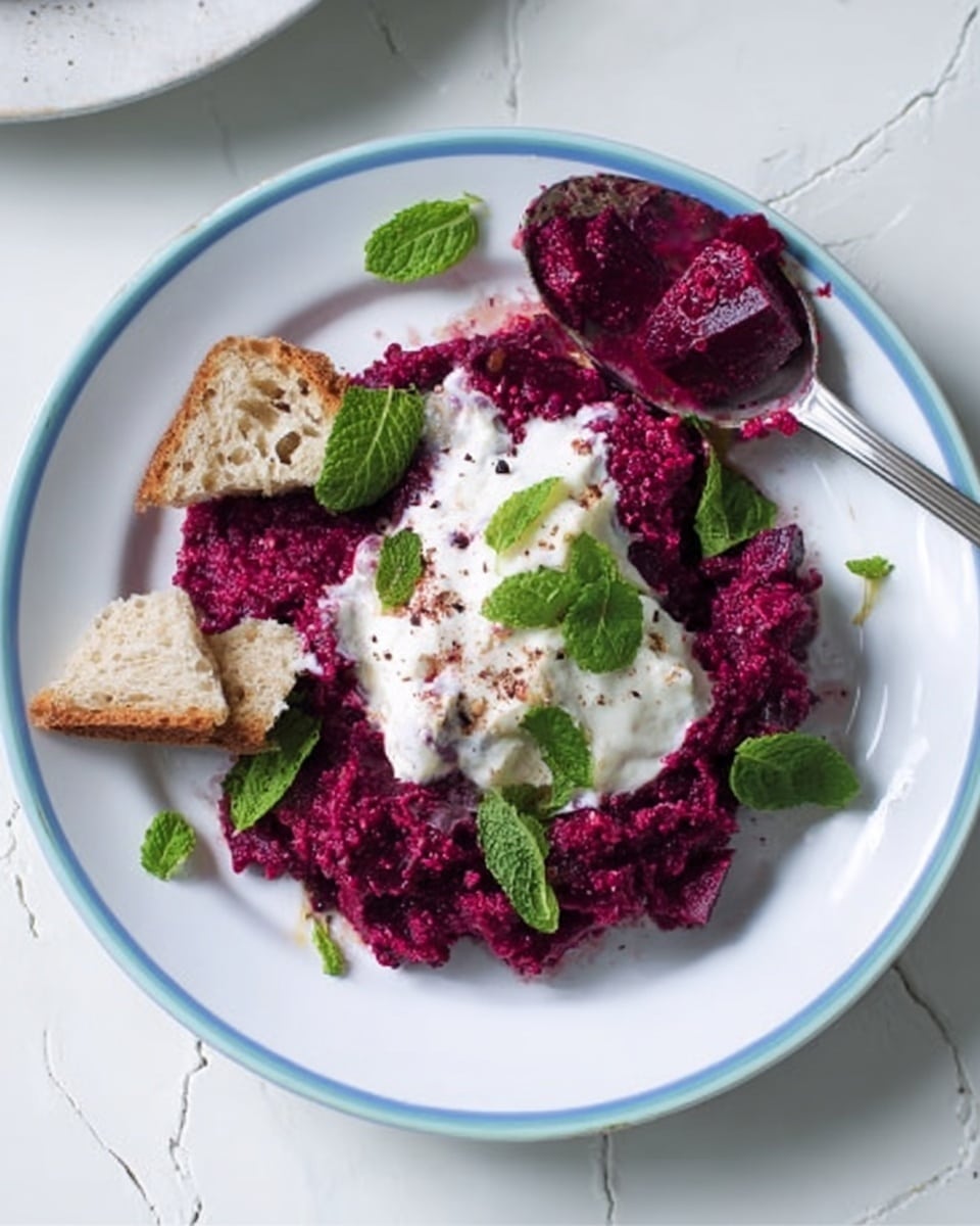 A white plate with a light blue rim holds a serving of bright purple beetroot mash topped with a thick swirl of white yogurt and sprinkled with green mint leaves. A silver spoon rests on top of the mash, spreading some of the yogurt, while two pieces of light brown bread sit on the side of the plate. The dish is set on a surface with a white marbled texture. Photo taken with an iphone --ar 4:5 --v 7