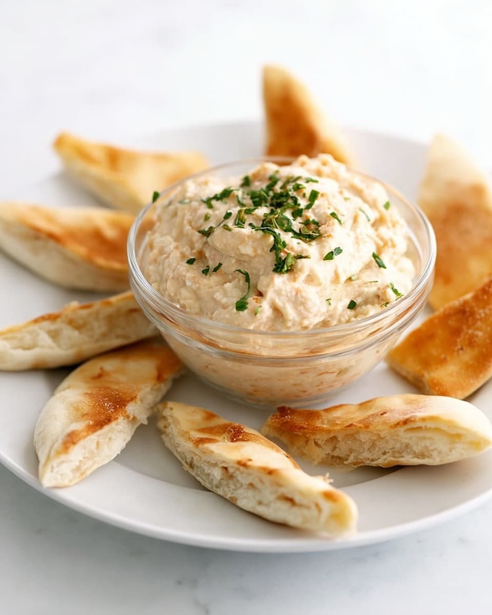 A clear glass bowl filled with a creamy, pale beige dip topped with small green parsley leaves sits at the center of a white plate. Around the bowl, there are six pieces of folded, toasted pita bread, each showing a golden brown, slightly crispy texture with soft inner layers visible. The plate rests on a white marbled surface, bright and clean, with soft daylight illuminating the scene. Photo taken with an iphone --ar 4:5 --v 7