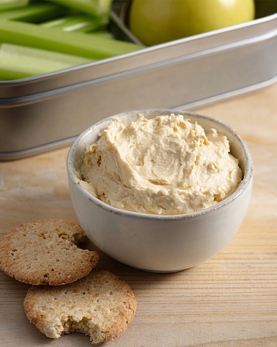 A close-up of a small, white bowl filled with a thick, light beige hummus with a slightly chunky texture, placed on a light wooden surface. Next to the bowl, there are two round wheat crackers, one of which is broken in half with crumbs scattered nearby. In the background, a silver lunchbox with green celery sticks and a red apple is slightly out of focus. The overall setting is simple and natural, with soft lighting. Photo taken with an iphone --ar 4:5 --v 7