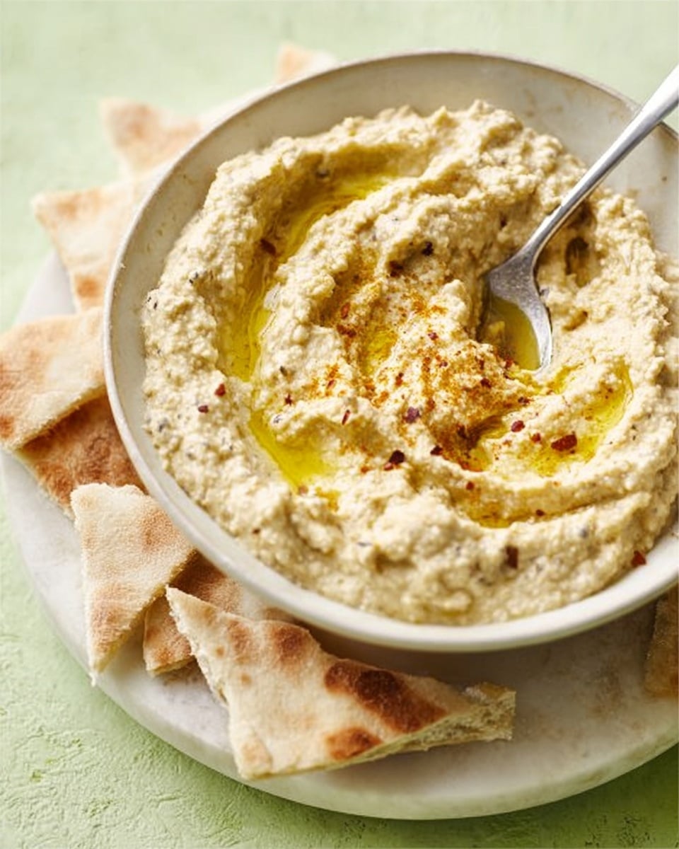 A close-up view of a bowl filled with creamy, beige hummus that has a slightly chunky texture. The hummus has a drizzle of golden olive oil on top, adding a shiny look. The white bowl shows a dark rim around the edge, sitting on a white marbled surface with some flatbread pieces stacked nearby, each with light brown toasted spots and soft texture. A spoon is partially visible inside the bowl, ready to serve. photo taken with an iphone --ar 4:5 --v 7