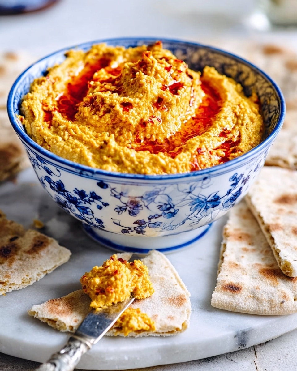 A white bowl with blue floral patterns holds a textured dip made of a yellow base with swirls of red sauce on top, giving it a slightly chunky and creamy look. Next to the bowl are pieces of flatbread, one with some dip spread on it, showing the yellow and red colors of the dip. A knife with a bit of the dip on its tip lies beside the bread on a white marbled surface, creating a simple, clean scene. photo taken with an iphone --ar 4:5 --v 7