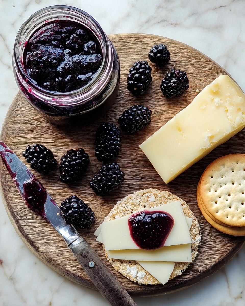 A round wooden board holds a simple snack setup with a jar of dark purple jam on the left, thick and shiny with visible fruit pieces, next to a silver knife smeared with the same jam. To the right are three blackberries scattered in the center and a square piece of pale yellow cheese with small holes toward the top edge. On the lower right, a round cracker topped with thin cheese slices and a spoonful of jam is in front of a small stack of plain round crackers. The background is a white marbled surface. Photo taken with an iphone --ar 4:5 --v 7