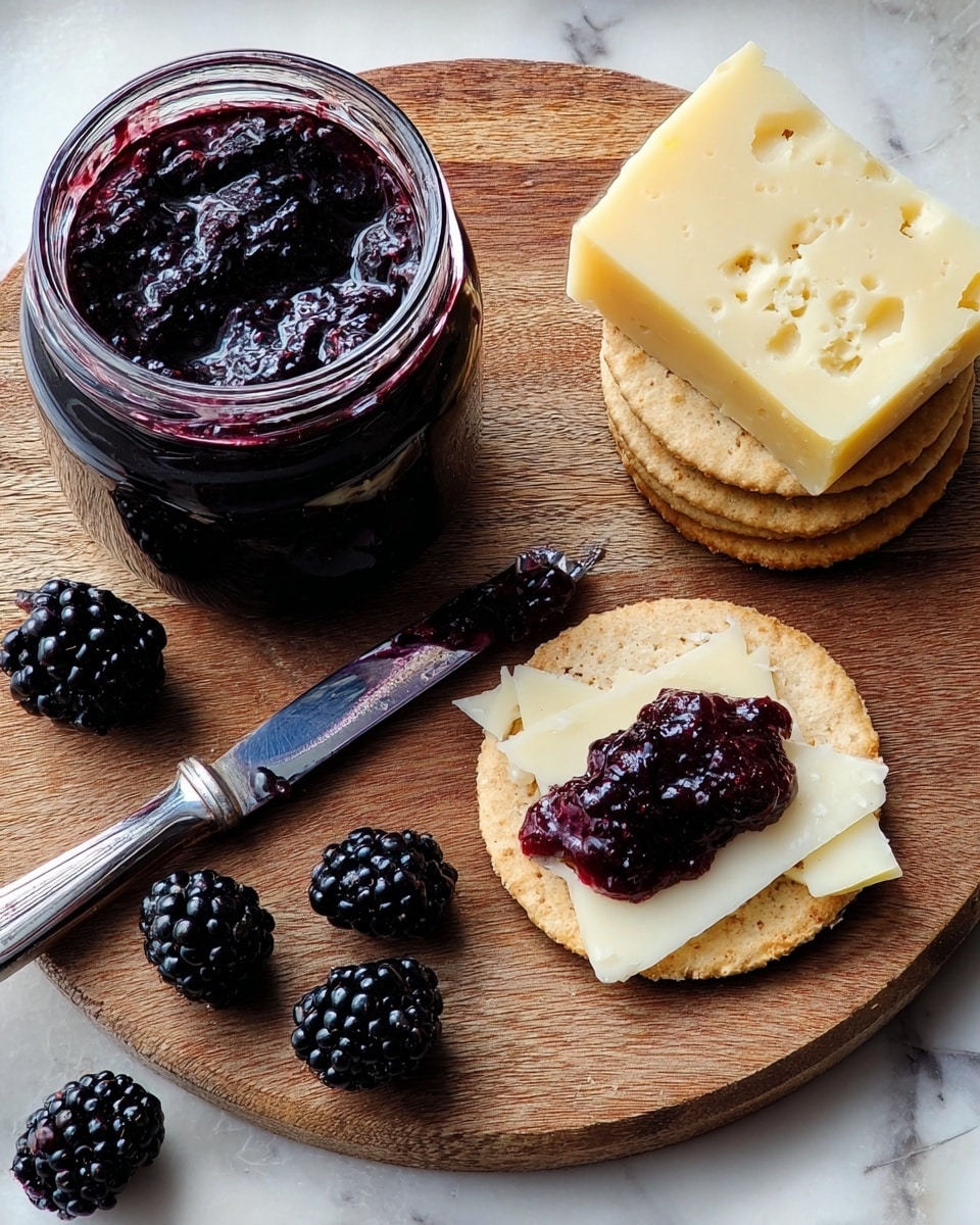 The image shows a round wooden cutting board with a layered snack arrangement on it. At the top right, there is a thick slice of pale yellow cheese with a slightly crumbly texture. Below the cheese are four plump, shiny blackberries scattered near the middle. On the bottom right, there are three round whole grain crackers, one of which is topped with thin slices of the same pale yellow cheese and a dollop of dark purple-black jam that looks glossy and sticky. To the left, there is an open jar filled with the same dark purple-black jam, next to a small silver knife with some jam on its blade. The cutting board rests on a surface with a white marbled texture. photo taken with an iphone --ar 4:5 --v 7