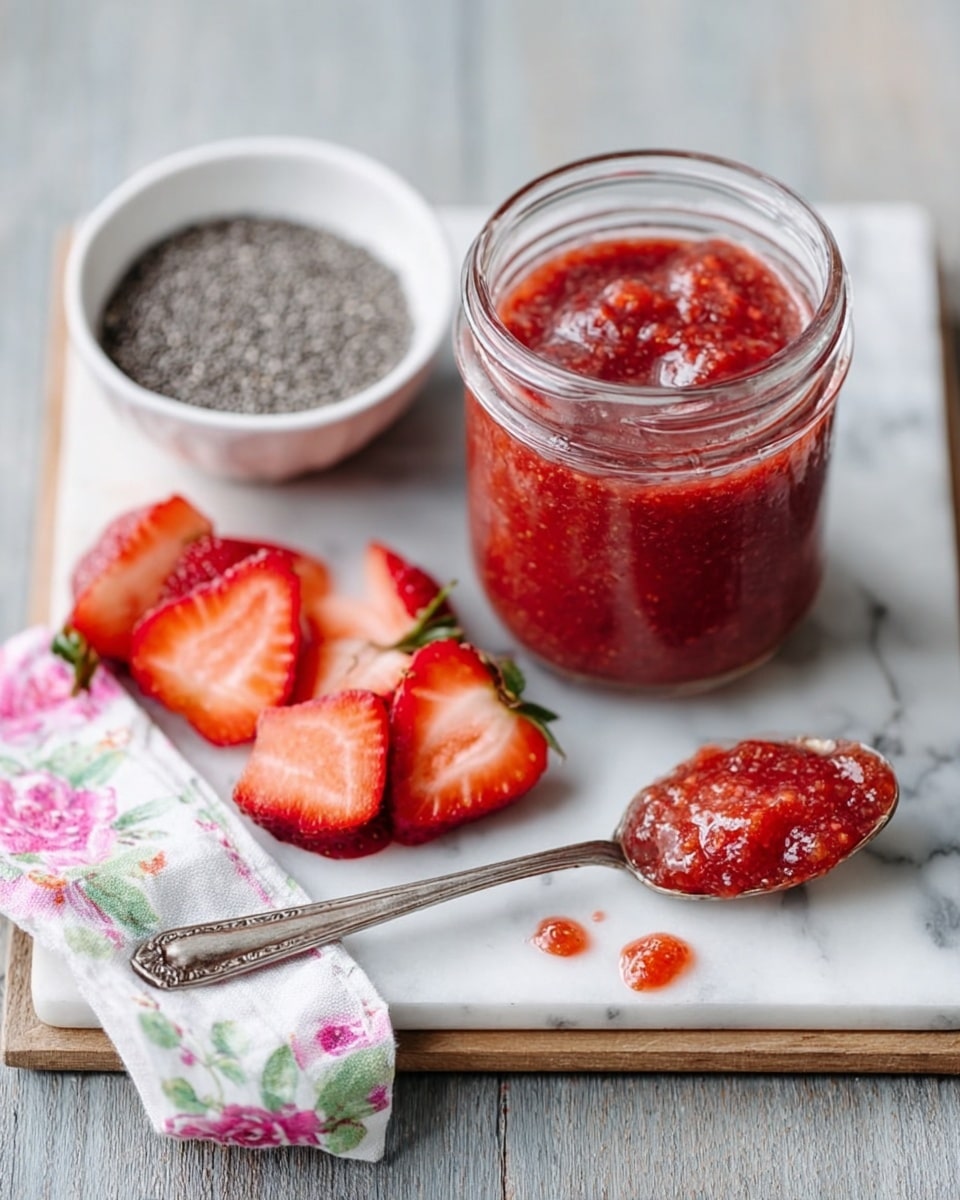 The image shows a wooden tray holding a small white bowl filled with black chia seeds, sliced red strawberries placed next to it, and a spoon with some red strawberry jam on the tray. There is also a glass jar filled with red strawberry jam, containing visible strawberry chunks. A floral patterned cloth is placed behind the jar. The tray is set on a white marbled surface. The photo has soft natural lighting and a clear focus. photo taken with an iphone --ar 4:5 --v 7