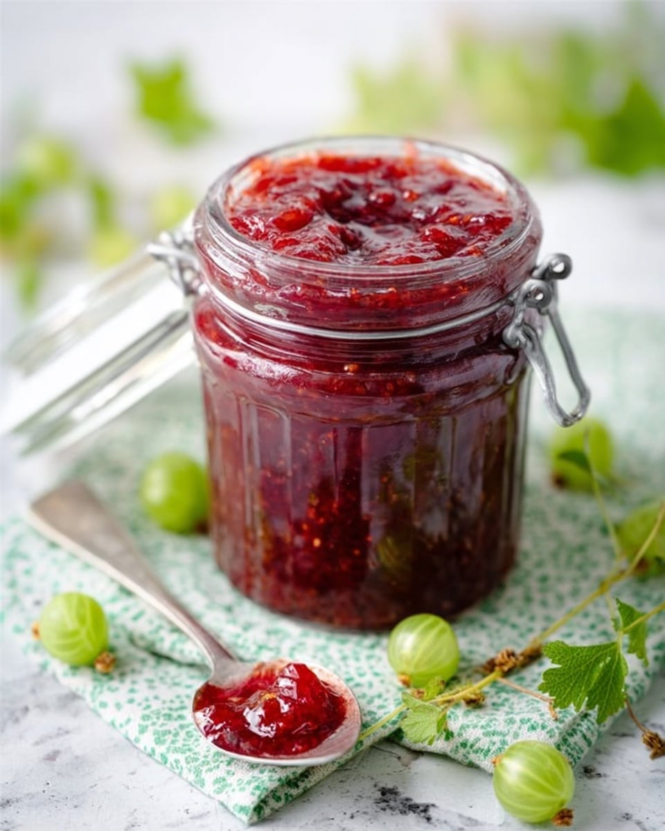 A clear glass jar with a metal clasp lid filled almost to the top with deep red, chunky jam that has visible pieces of fruit inside. The jar is placed on a white marbled surface with a green patterned cloth beneath it. Around the jar, there are small green gooseberries and green leaves scattered softly in the background. In front of the jar, a white spoon rests with some of the red jam and fruit pulp on it, showing a sticky and textured appearance. The scene is bright and fresh with natural light highlighting the glossiness of the jam. photo taken with an iphone --ar 4:5 --v 7
