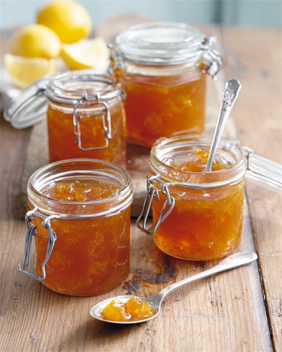 The image shows four glass jars filled with golden yellow-orange marmalade, each jar with a different lid style—one has a metal clasp lid, two have metal clamps, and one jar’s lid is off with a silver spoon inside it. The marmalade is chunky with visible pieces of citrus fruit. A silver spoon with marmalade on it lies on a wooden textured surface in front of the jars. The background includes a white marbled texture, and a yellow lemon and a woman's hand are faintly visible in the scene. Photo taken with an iphone --ar 4:5 --v 7