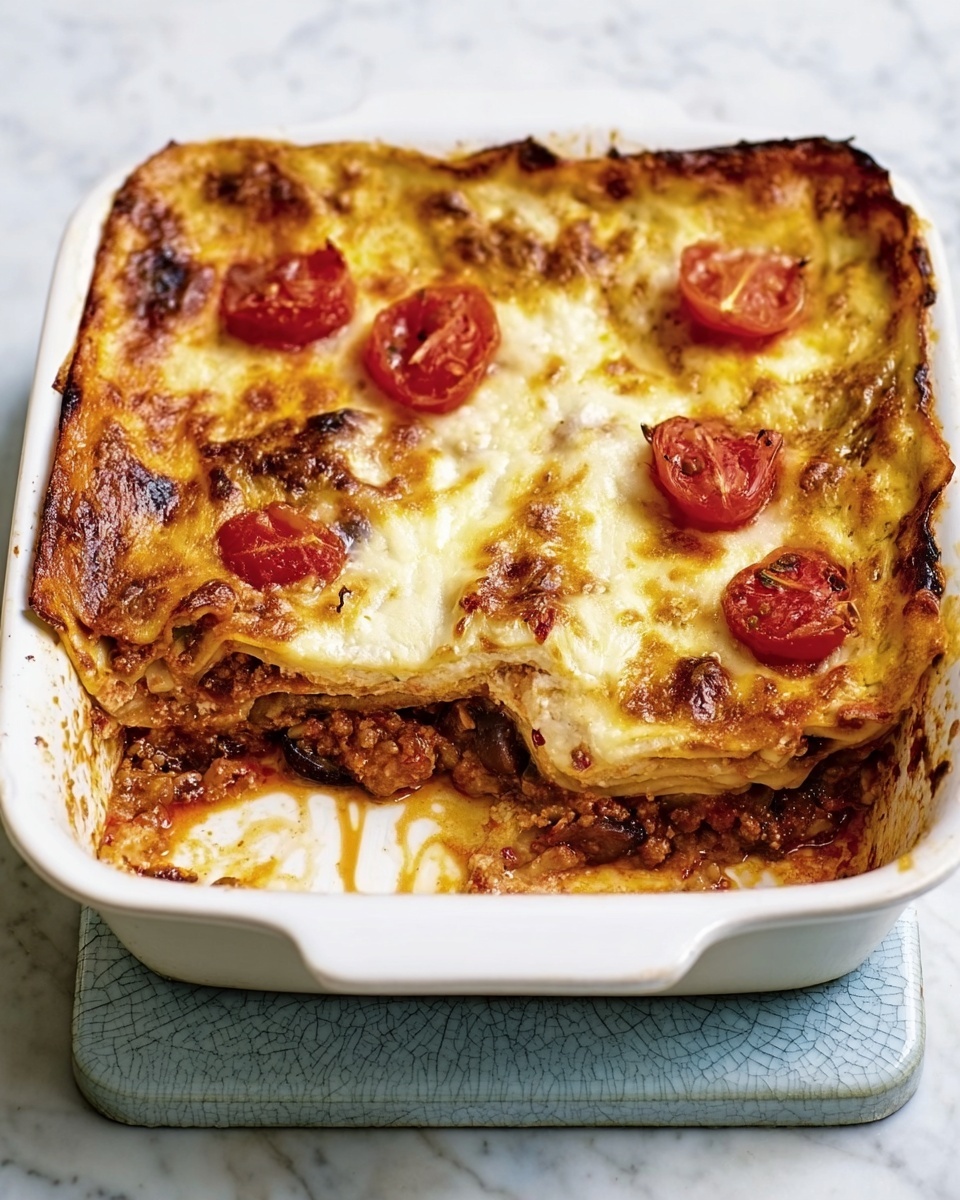 A white square dish holds a freshly baked lasagna with a golden-brown, bubbly cheese crust covering the top layer, dotted with small red tomato slices. The lasagna has multiple layers visible through a cut-out section near the bottom right corner, showing a rich mix of red tomato sauce, ground meat, and sheets of soft pasta with melted cheese in between. The dish sits on a vintage pale blue trivet, all set against a white marbled surface. photo taken with an iphone --ar 4:5 --v 7