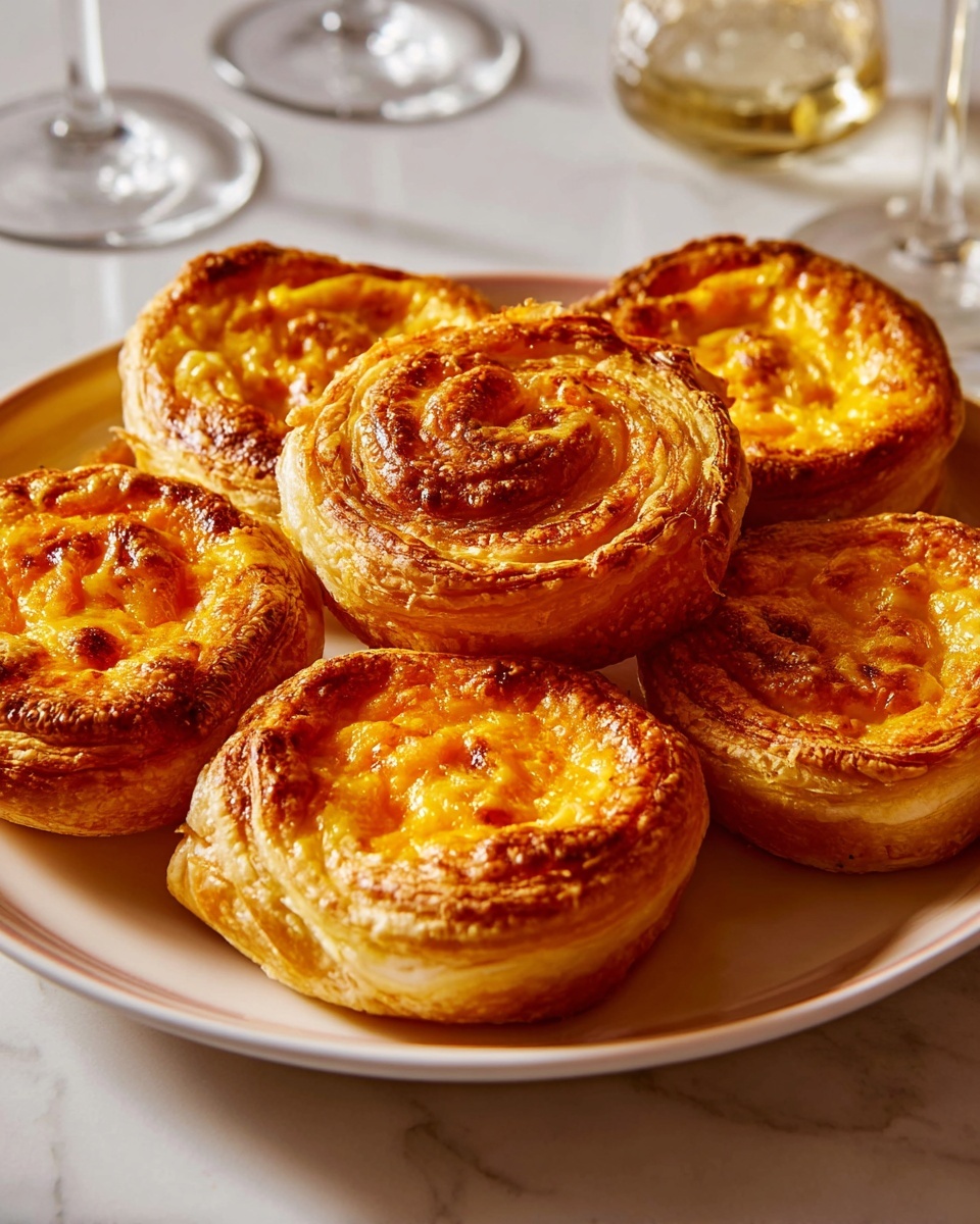 A close-up view of seven round pastries arranged on a white plate with a golden rim, placed on a white marbled surface. Each pastry has two layers: a thick, flaky, light golden-brown outer crust with visible folds and a slightly puffed texture, and a dense, textured orange filling that looks baked with a slightly crispy top showing darker spots. The pastries are packed close together, highlighting the swirled shape of the filling inside the neatly puffed crusts. In the blurred background, the stems of clear glass cups are visible. photo taken with an iphone --ar 4:5 --v 7