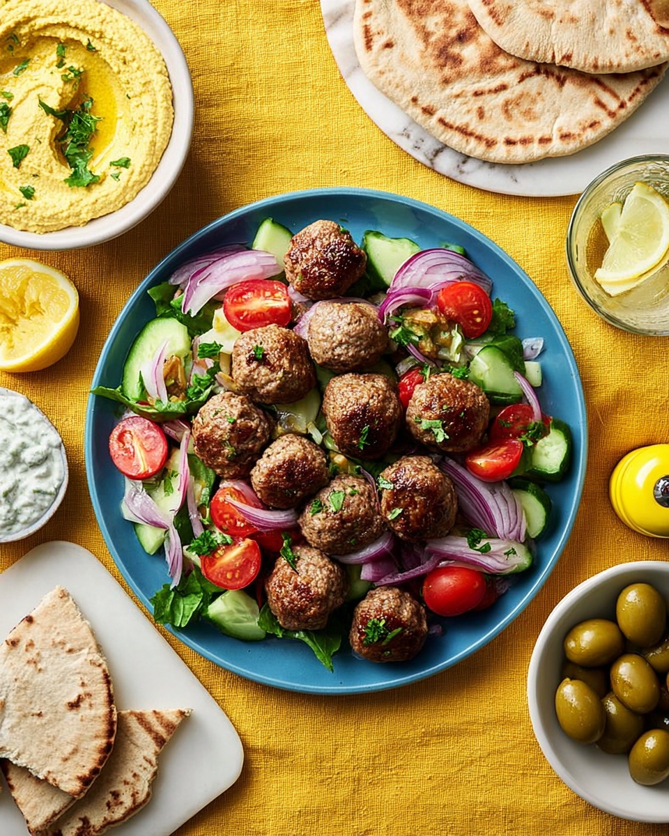 A blue round plate sits in the center on a white marbled surface, filled with three layers: the base layer is cut cucumber pieces in green with a fresh shine, interspersed with thin slices of red onion showing purple and white rings; the middle layer is scattered halved cherry tomatoes in bright red; the top layer is a pile of small, round, browned meatballs with a crispy texture. Around the plate, there is a white bowl with yellow hummus topped with green chopped herbs and a wooden spoon, a smaller white bowl with a creamy white sauce with green herb bits, a white bowl filled with shiny green olives, a stack of folded pita bread slices, and a glass of water with a slice of lemon. The whole scene is set against a soft yellow cloth under the dishes. Photo taken with an iphone --ar 4:5 --v 7