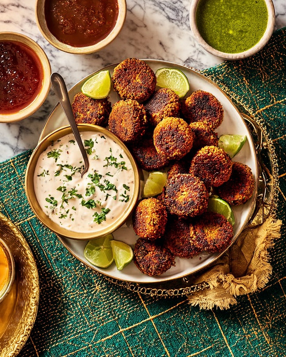 The image shows a white plate filled with many small, round, golden-brown falafel patties, some stacked slightly, creating two layers and sprinkled with coarse salt. There are three lime wedges arranged near the top right of the plate. On the left side of the plate, a small bowl rests filled with creamy white sauce spotted with small green herb pieces, with a spoon inside. In the upper right, two bowls are placed on a gold tray: the left bowl contains a dark green sauce, and the right bowl has a thick reddish-brown sauce. Near the bottom left, a bowl contains a mix of chopped onions and herbs. A green cloth with gold stripes is draped next to the tray, all set on a white marbled textured surface. photo taken with an iphone --ar 4:5 --v 7