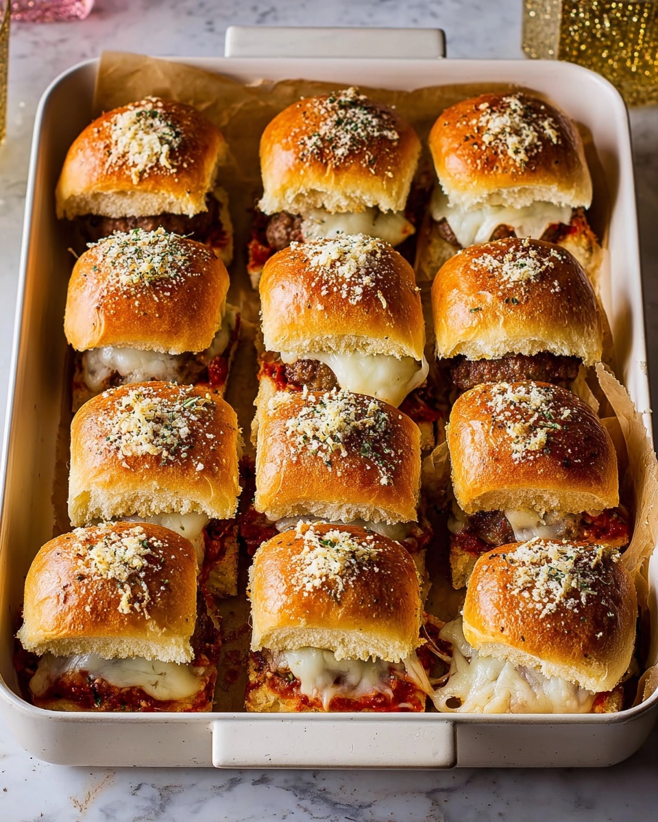 A white baking dish holds nine golden brown slider sandwiches arranged in a 3 by 3 grid, each topped with a sprinkling of grated cheese and herbs. The sliders have soft, fluffy buns with a lightly toasted crust, and inside, layers of melted, stringy cheese stretch out from one slider slightly pulled apart, with visible red tomato sauce and a thick, round meatball. The dish is lined with brown parchment paper, and the background shows a white marbled surface with some ribbons and soft-focus decorations nearby. photo taken with an iphone --ar 4:5 --v 7