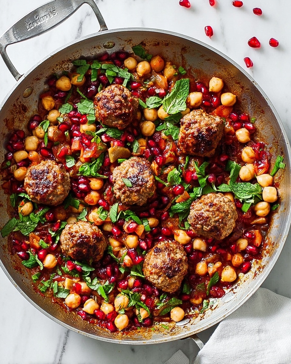 A close-up of a white metal pan filled with a colorful chickpea and meatball dish, showing about six brown meatballs scattered across the pan. The base layer consists of beige chickpeas mixed in a rich red-orange sauce, with bright green chopped leaves, possibly herbs, spread evenly on top. Small, bright red pomegranate seeds are scattered throughout, adding vibrant pops of color. The pan sits on a white marbled surface with a folded white cloth in the background. Photo taken with an iphone --ar 4:5 --v 7