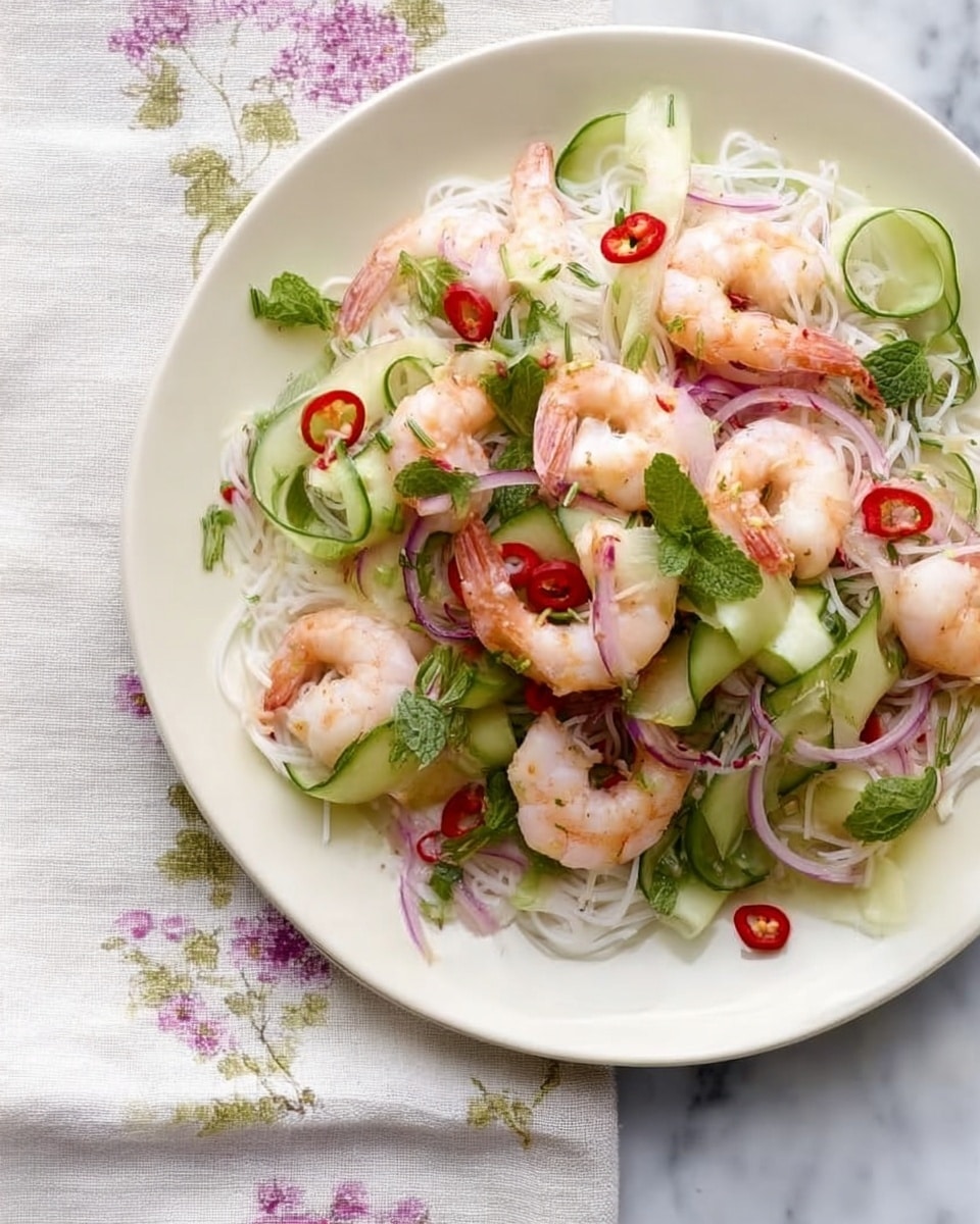 A white plate with a textured rim holds a fresh shrimp salad arranged in several visible layers: the bottom layer has thin white rice noodles, topped with a layer of pale pink shrimp scattered evenly, followed by a mix of thin cucumber ribbons and slices, light purple onion slices, small red chili rounds, and garnished with green herb leaves giving a fresh touch. The plate sits on a white marbled surface with a hint of a floral cloth at the bottom corner. photo taken with an iphone --ar 4:5 --v 7