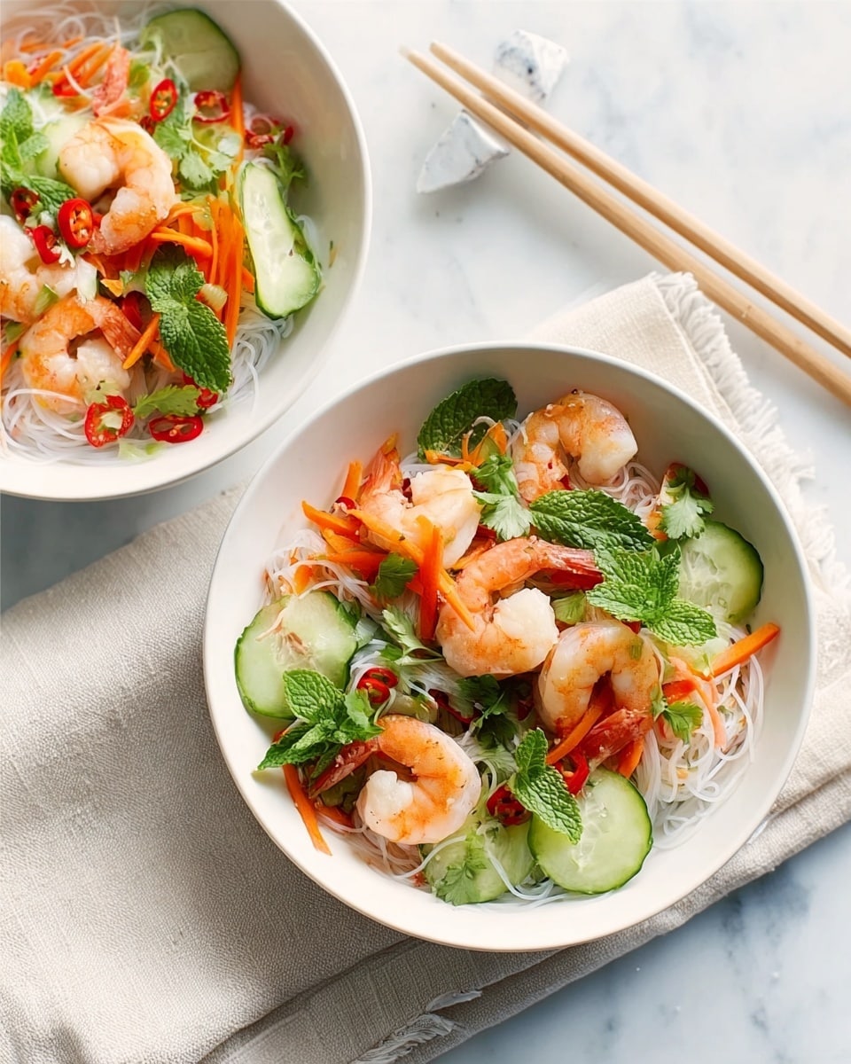The image shows two white bowls filled with a colorful shrimp noodle salad placed on a white marbled surface. Each bowl contains thin white rice noodles as the base layer, topped with pink shrimp scattered throughout. Bright green cucumber slices and vibrant orange carrot strips add fresh color and crisp texture above the noodles. There are red chili slices and chopped green onions spread across, with fresh green herbs like cilantro and mint leaves resting on top. The overall look is fresh, light, and vibrant. A woman's hand holds chopsticks above one bowl, ready to eat. The scene is softly lit and very clean. Photo taken with an iphone --ar 4:5 --v 7