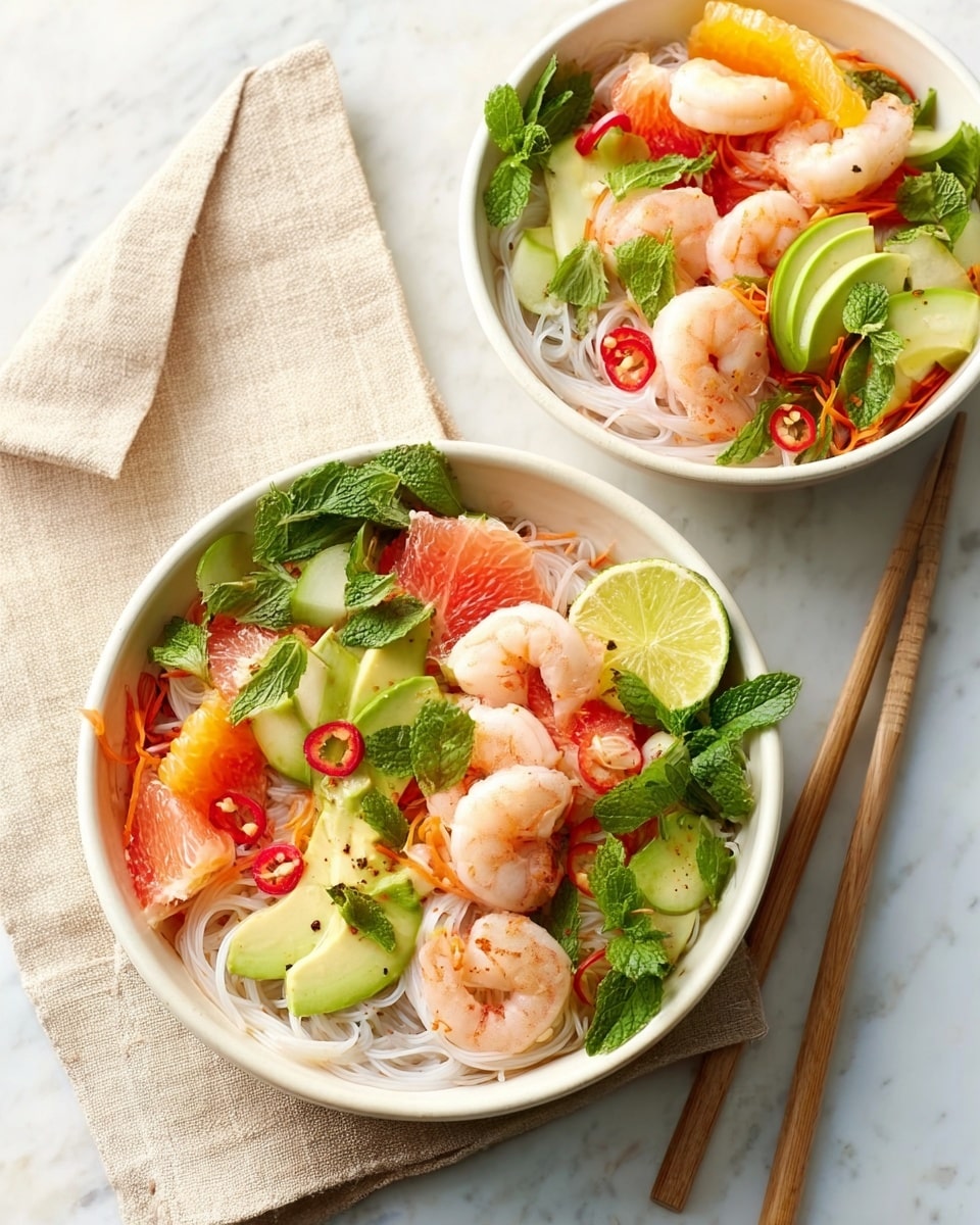 The image shows two white bowls filled with a fresh shrimp noodle salad, placed on a white marbled surface with a light cloth napkin beside them. Each bowl contains thin white rice noodles at the base, topped with pink cooked shrimp, bright green avocado slices, thin orange carrot sticks, translucent red chili slices, and fresh green herbs including mint and cilantro. The ingredients are mixed but still clearly visible as separate layers, making the dish look colorful and vibrant. Wooden chopsticks are placed behind the bowls. Photo taken with an iphone --ar 4:5 --v 7