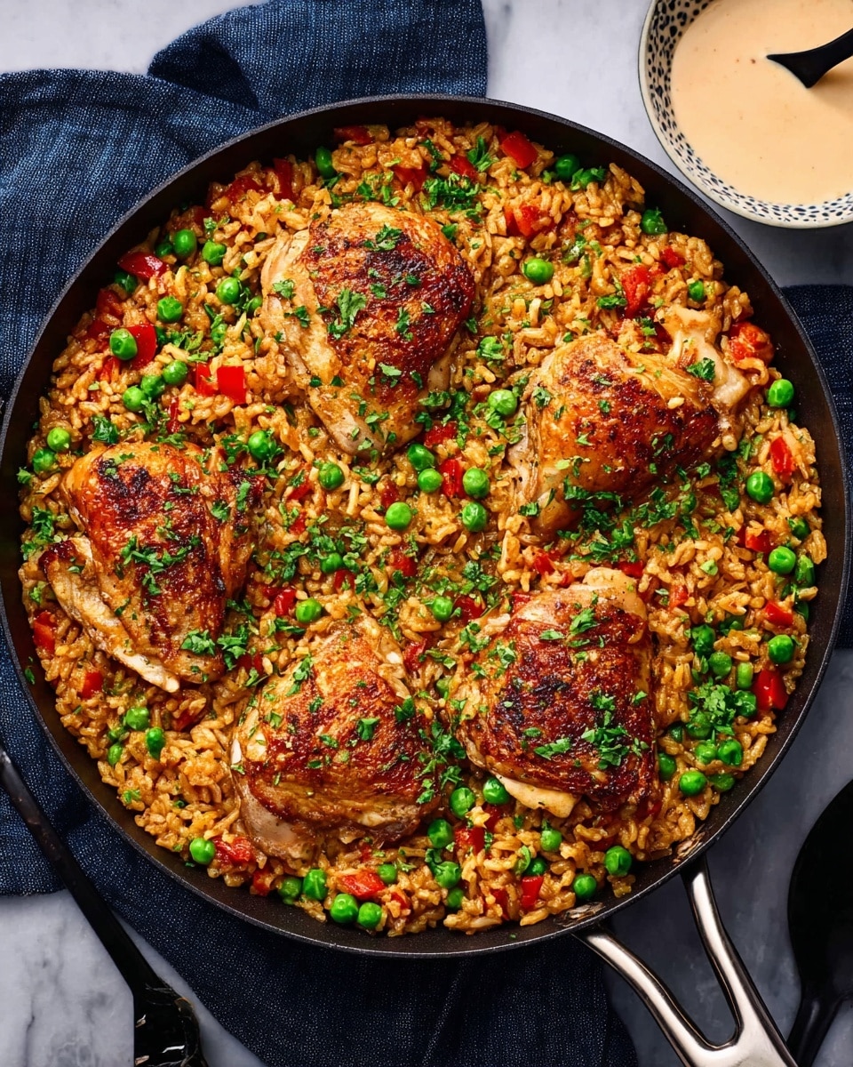 A close-up top view of a black cast iron skillet filled with a colorful dish made of cooked rice, green peas, red bell pepper chunks, and pieces of browned chicken scattered throughout. The rice is golden-brown, mixing with bright green peas and vibrant red pepper pieces. Fresh chopped green herbs are sprinkled on top, adding a fresh, lively contrast. The skillet is set on a dark blue cloth atop a white marbled surface. On the side, there is a white bowl containing a light cream sauce with a black spoon resting inside. photo taken with an iphone --ar 4:5 --v 7