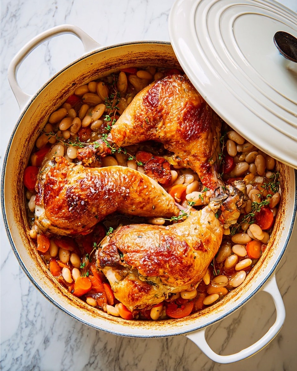 A white oval cast iron pot with three large, golden-brown roasted chicken legs on top. The chicken legs have a crispy skin with a slight shine and some sprinkled salt. Underneath the chicken, there is a thick layer of cooked white beans mixed with sliced orange carrots and small pieces of browned meat, all soaked in a rich sauce. The pot is placed on a white marbled textured surface, with the white lid partially covering the pot at the top left corner. photo taken with an iphone --ar 4:5 --v 7