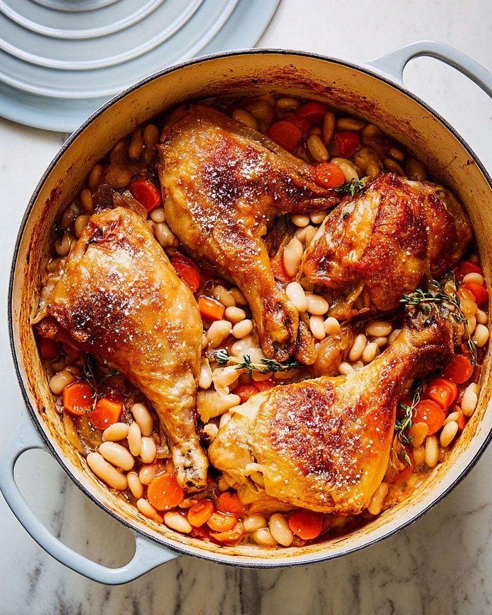 A large white cast iron pot contains a dish with a bottom layer of cooked white beans mixed with soft orange carrot slices and small browned meat pieces, all coated in a light sauce. On top, there are three large, crispy golden-brown roasted chicken legs with slightly shiny skin, placed in a slight triangle shape, covering most of the beans and vegetables beneath. The pot lid is partially lifted and rests to the left side of the pot, with the entire scene set on a white marbled surface. photo taken with an iphone --ar 4:5 --v 7