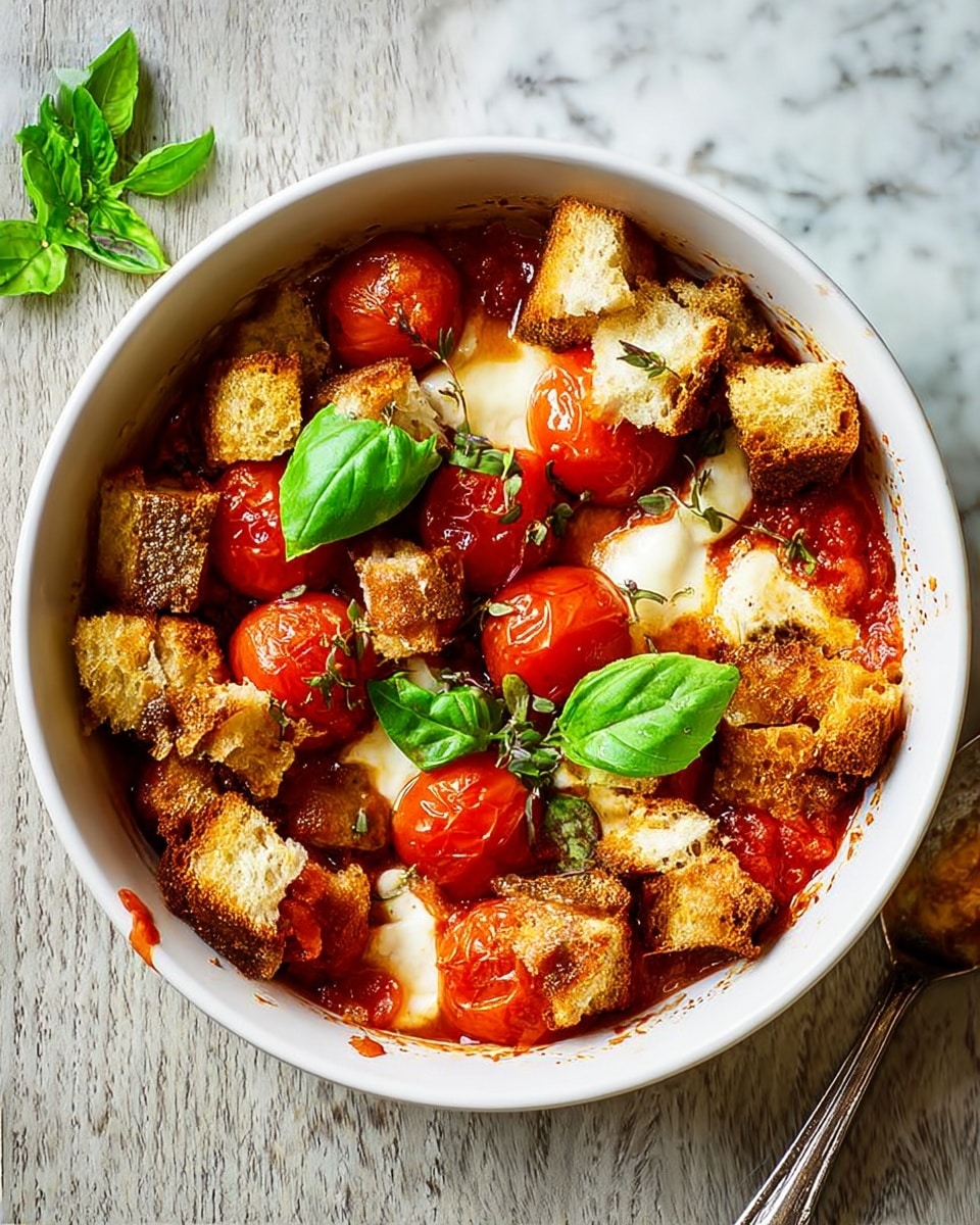 A white bowl filled with a base layer of thick red tomato sauce, topped with bright red cherry tomatoes scattered evenly. On top of the tomatoes, there are melted white cheese slices partially covered by crunchy, golden-brown bread cubes spread irregularly. Fresh green basil leaves are placed lightly on top of the bread and cheese, adding a touch of color contrast. The bowl is set on a white marbled background with a light wooden textured board below it, and a shiny silver spoon with a bit of tomato sauce rests nearby. photo taken with an iphone --ar 4:5 --v 7