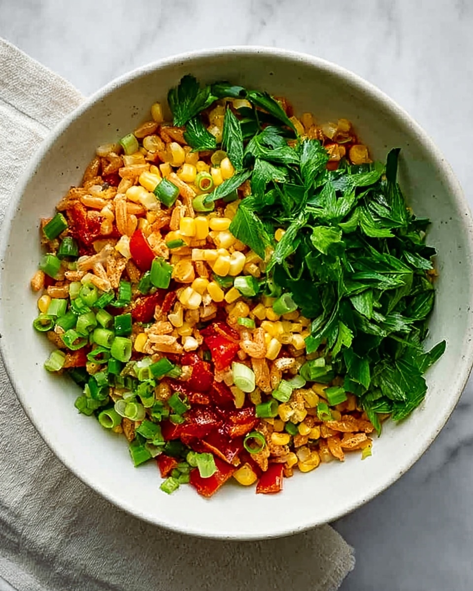 A bowl of colorful pasta salad is shown from above, served in a round white bowl placed on a white marbled surface. The salad has several layers: the base is made of small, shell-shaped pasta in a light yellow color, mixed with bright yellow corn kernels. Scattered throughout are chopped red bell peppers adding a pop of red. Fresh green parsley leaves and sliced green onions rest on top, giving a fresh and leafy look. Pieces of toasted brown bread or croutons are mixed in, adding texture. The colors are bright and fresh with greens, reds, yellows, and browns evenly spread. photo taken with an iphone --ar 4:5 --v 7