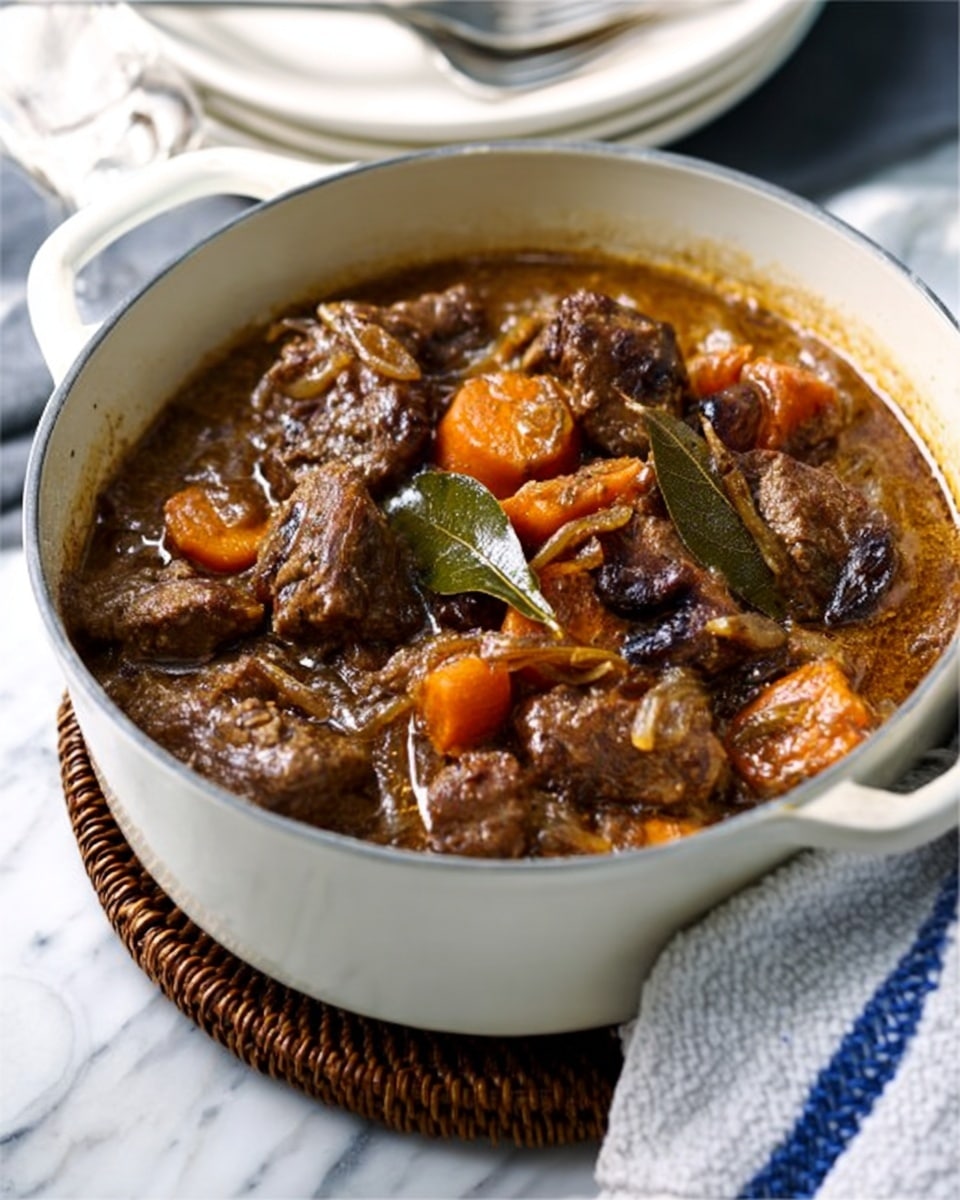 The image shows a round white ceramic pot filled with a rich stew that has several layers of ingredients. The bottom layer is a thick, brownish gravy that looks creamy. On top of this gravy, there are slices of cooked carrots in a bright orange color and chunks of dark brown meat. Scattered around are green bay leaves and dark brown caramelized onions that add texture. The pot sits on a woven circular mat, and beside it, there is a white cloth with blue stripes. The whole scene is set on a white marbled surface. Photo taken with an iphone --ar 4:5 --v 7