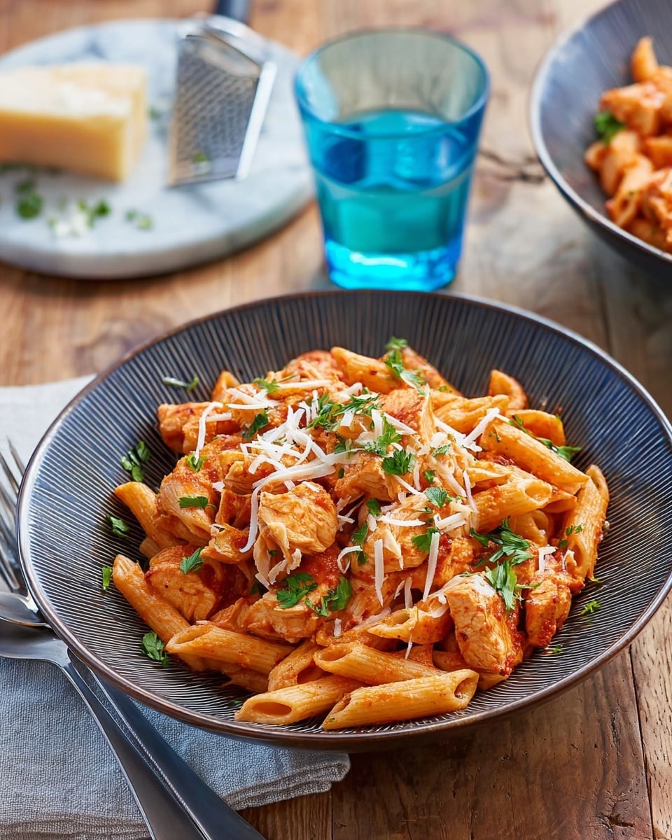 A blue bowl filled with penne pasta covered in light red sauce and mixed with chunks of cooked chicken. On top, there is a sprinkle of grated white cheese and chopped green herbs, adding texture and color contrast. The bowl sits on a wooden table with a blue glass of water nearby and a white plate holding a piece of hard cheese and a grater in the background. Two forks rest near the bowl. photo taken with an iphone --ar 4:5 --v 7