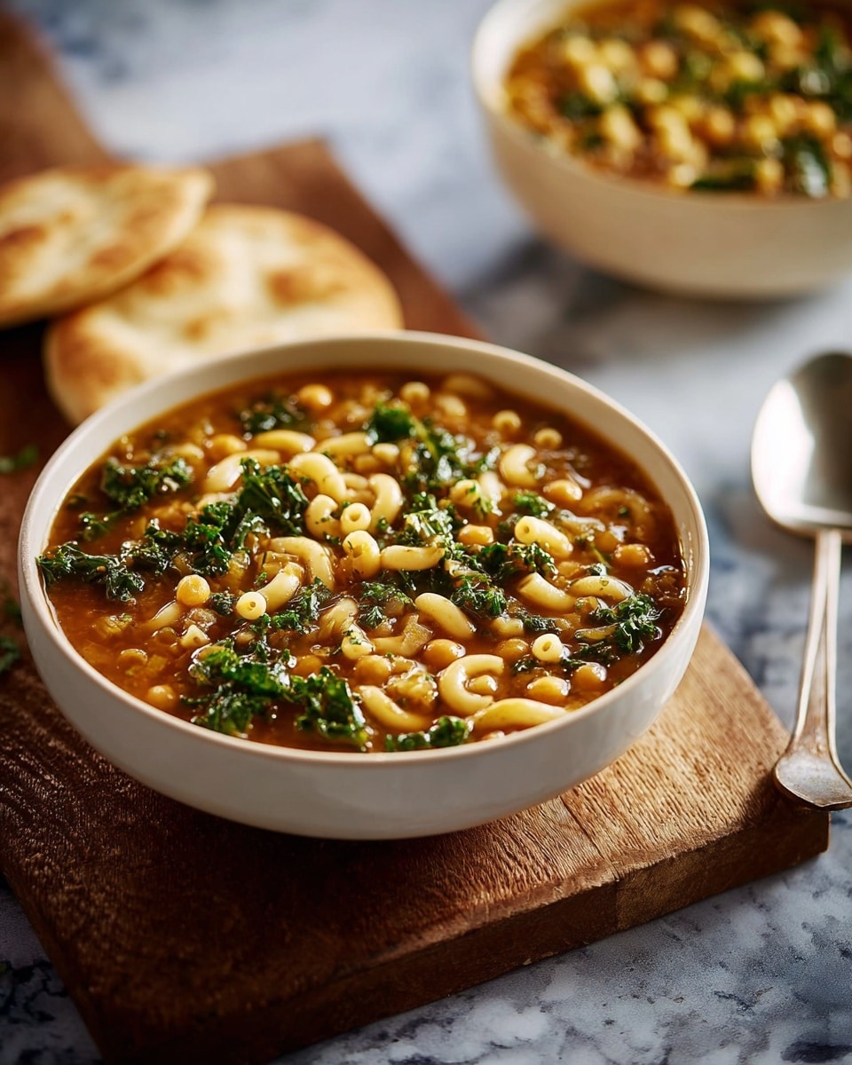 A white bowl filled with a thick stew made of small spiral pasta, chickpeas, lentils, and leafy green kale spread evenly on top. The pasta layer is a pale yellow, the chickpeas and lentils add light brown and tan textures, and the kale leaves bring a bright dark green color, all mixed in a rich orange-brown broth. The bowl is set on a dark wooden board alongside pieces of light brown pita bread folded and resting beside it. In the background, there is another white bowl with the same stew and a silver spoon placed on a white marbled surface. Photo taken with an iphone --ar 4:5 --v 7