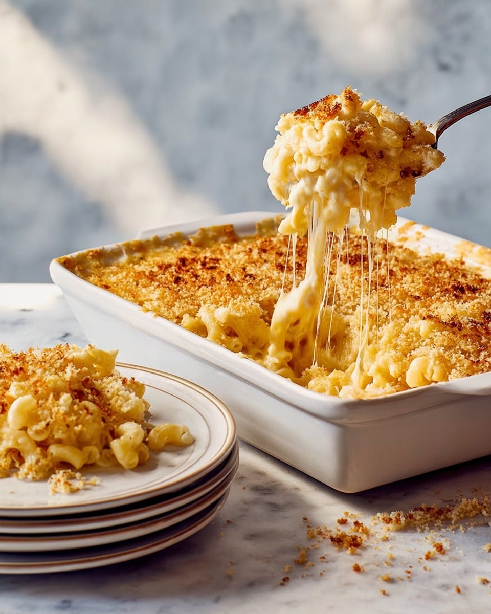 The image shows a white rectangular baking dish filled with macaroni and cheese topped with a golden, crispy breadcrumb crust. A slice is being lifted by a fork, revealing stretchy, creamy cheese and soft macaroni noodles in a light yellow sauce. The slice is placed on a stack of off-white plates set on a white marbled surface, with melted cheese stretching between the dish and the fork. Photo taken with an iphone --ar 4:5 --v 7