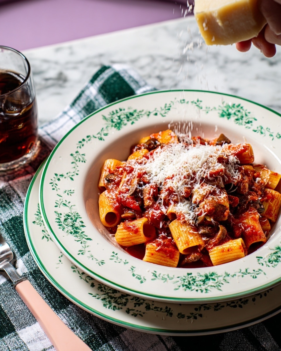 A white patterned bowl holds a serving of rigatoni pasta layered with chunky red tomato sauce mixed with small bits of vegetables and possibly olives, topped generously with finely shredded white cheese. The bowl sits on a green-edged white plate over a checkered green and beige cloth, next to a knife with a pink handle and a dark red drink in a clear cup. Woman’s hand is grating more white cheese onto the pasta from above, with cheese shreds falling down. The scene is set on a white marbled surface with a green cloth and purple background in soft focus. photo taken with an iphone --ar 4:5 --v 7
