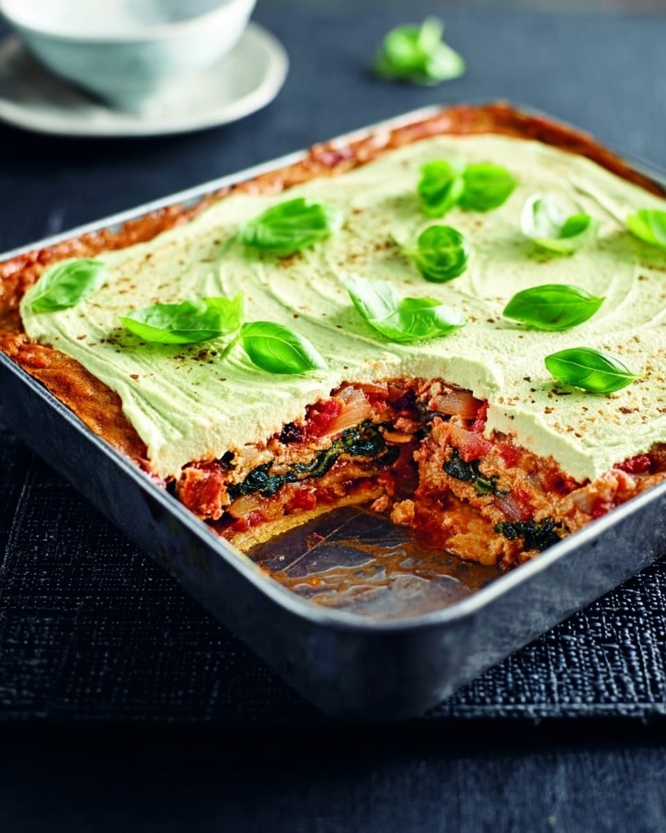 A rectangular baked dish with a golden, slightly greenish top layer decorated with fresh green basil leaves scattered on the surface. One corner is cut away, revealing three distinct inner layers: a creamy, light pink layer on top, a rich red sauce with bits of vegetables and cheese in the middle, and a dark green leafy base at the bottom. The dish rests on a black textured cloth with a small white bowl in the background, all set on a white marbled surface. Photo taken with an iphone --ar 4:5 --v 7