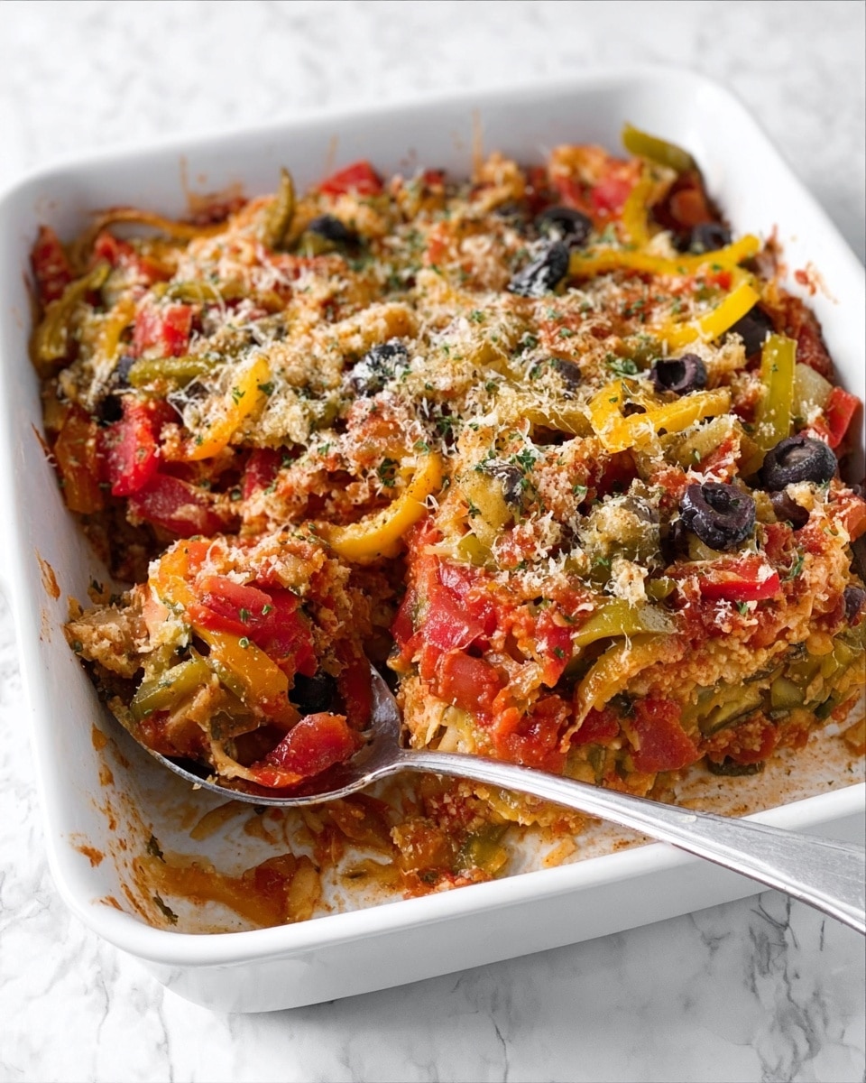A white square baking dish filled with a cooked casserole showing distinct layers of chunky tomato sauce, sliced yellow and red bell peppers, black and green olives, shredded cheese, and pieces of browned bread or breadcrumbs on top, which appears slightly crispy. The casserole has a moist and textured look with bits of herbs sprinkled over it. A silver spoon rests inside the dish, slightly sinking into the food, with some sauce and an olive on it. The dish is placed on a white marbled surface. Photo taken with an iphone --ar 4:5 --v 7