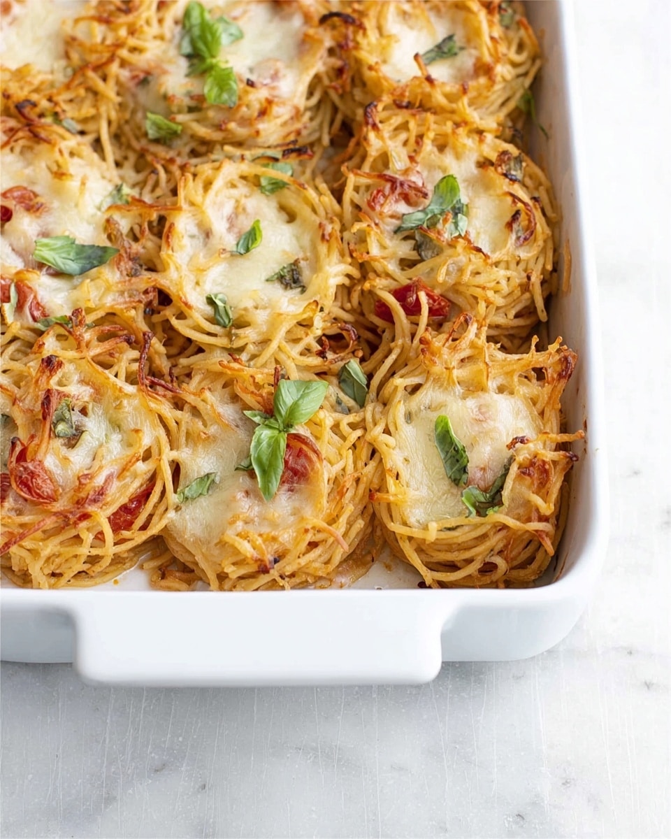 A white rectangular baking dish sitting on a white marbled textured surface is filled with baked spaghetti nests. The dish shows several layers starting with a base of cooked spaghetti mixed with a light tomato sauce giving a soft orange color, followed by melted white cheese that is slightly browned in spots. Small pieces of red tomato and green basil leaves are scattered evenly throughout the top layer, adding fresh color contrast. The spaghetti strands are loosely coiled, with crispy edges visible around the nests. Photo taken with an iphone --ar 4:5 --v 7