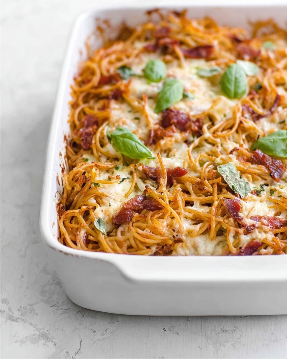 A white rectangular baking dish filled with a baked pasta dish, showing about four layers of twisted spaghetti coated in a red tomato sauce mixed with melted white cheese. The top layer is golden and slightly crispy, with small green basil leaves scattered evenly on top, adding a fresh touch. The dish is placed on a white marbled surface, creating a clean and bright background. Photo taken with an iphone --ar 4:5 --v 7