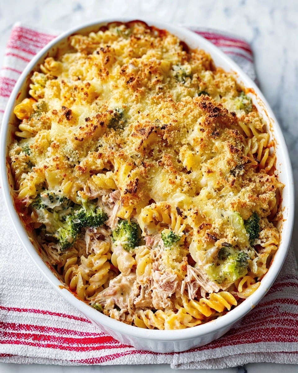 The image shows a white oval dish filled with pasta bake on a white marbled surface with a white towel that has red stripes underneath. The pasta bake has three visible layers: a bottom layer of cooked tri-color fusilli pasta mixed with green broccoli pieces and chunks of meat, a middle layer with a light red or orange tomato-based sauce blending into the pasta, and a top layer of melted golden-brown cheese with some crispy browned spots and a few green herb sprinkles. The texture of the pasta looks soft but firm, while the cheese topping is bubbly and slightly crispy. Photo taken with an iphone --ar 4:5 --v 7